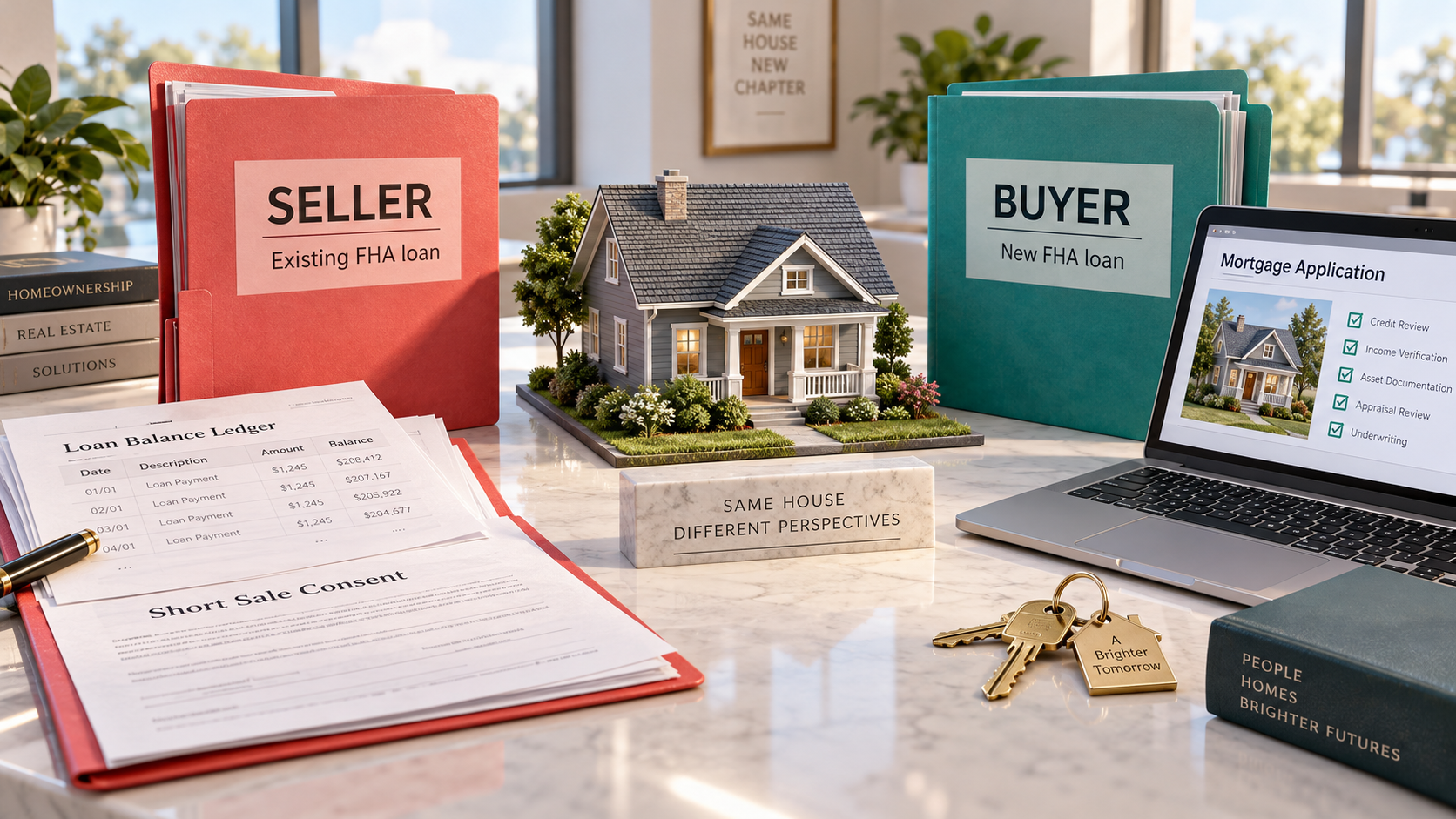 House model between a seller's existing FHA loan file and a buyer's new FHA loan file, beside a mortgage application laptop and keys.