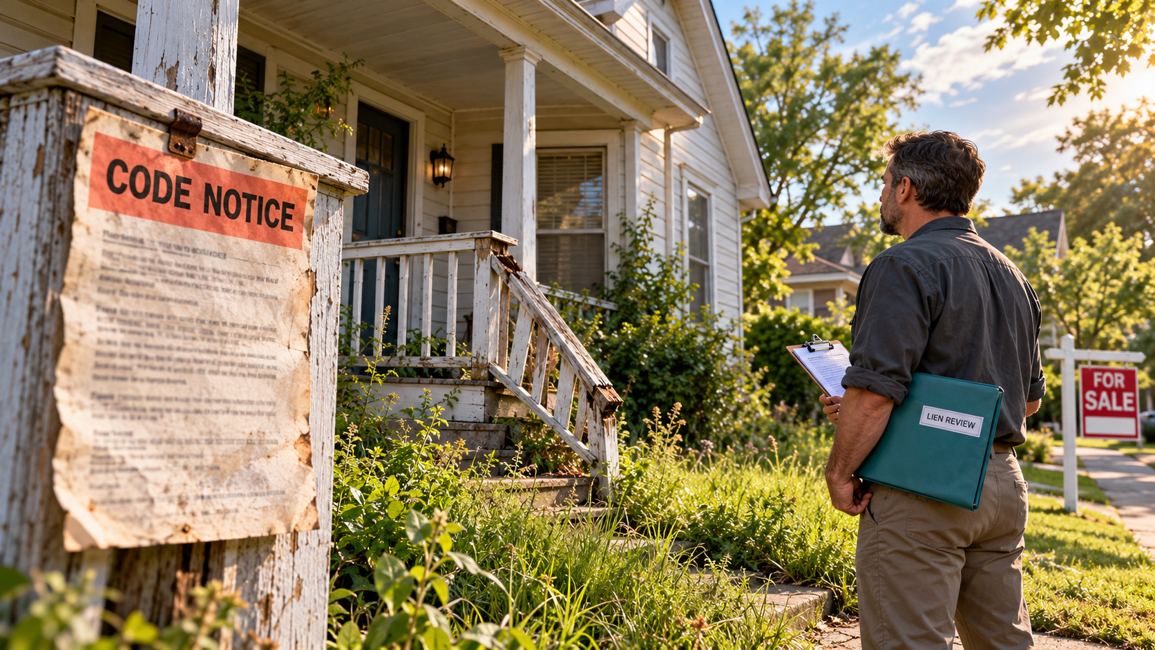 Inspector reviews a home with a code notice, damaged porch railing and overgrown yard, holding a lien-review folder beside a for-sale sign.