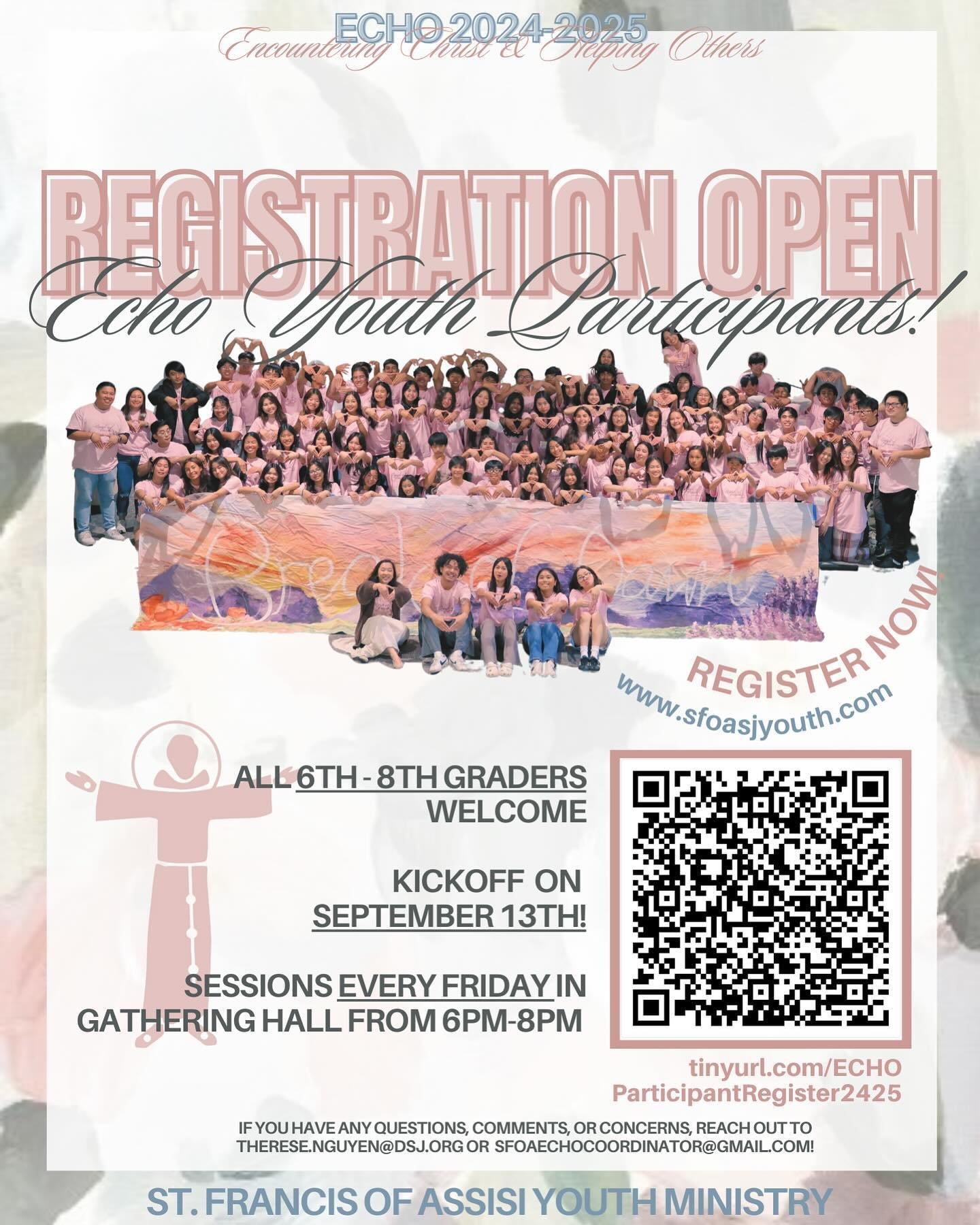 HEY FOGs (friends of God)! It&rsquo;s officially ECHO SEASON! Participant registration for the 2024-2025 ECHO season is out now!

If you are currently a 6th-8th grader, register for now with the link or QR code above! Join our youth ministry for a su