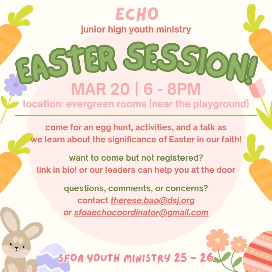 HELLO FOGS!! this weeks session theme is&hellip;. EASTER!!! 🐣 come if you want to play fun games, and learn more about why we celebrate Easter! we will be in the EVERGREEN ROOMS this session.
reminder that this is our LAST session before we go on a 