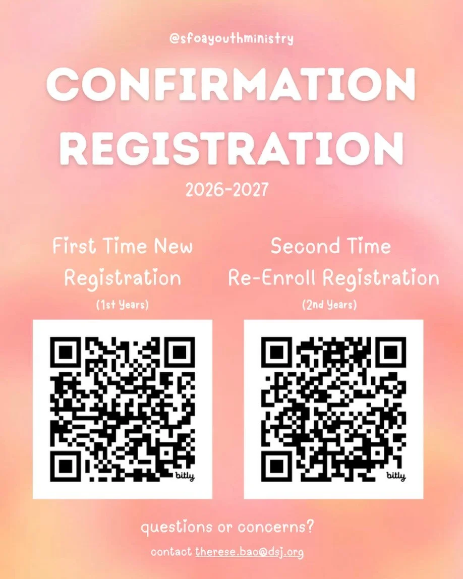 ✨Our Confirmation Program Registration for high-school youth is now open! Join us in this 2 year journey to learn, reflect, and grow in the sacrament of Confirmation.

Registration is available by scanning the QR codes above. If you have any question