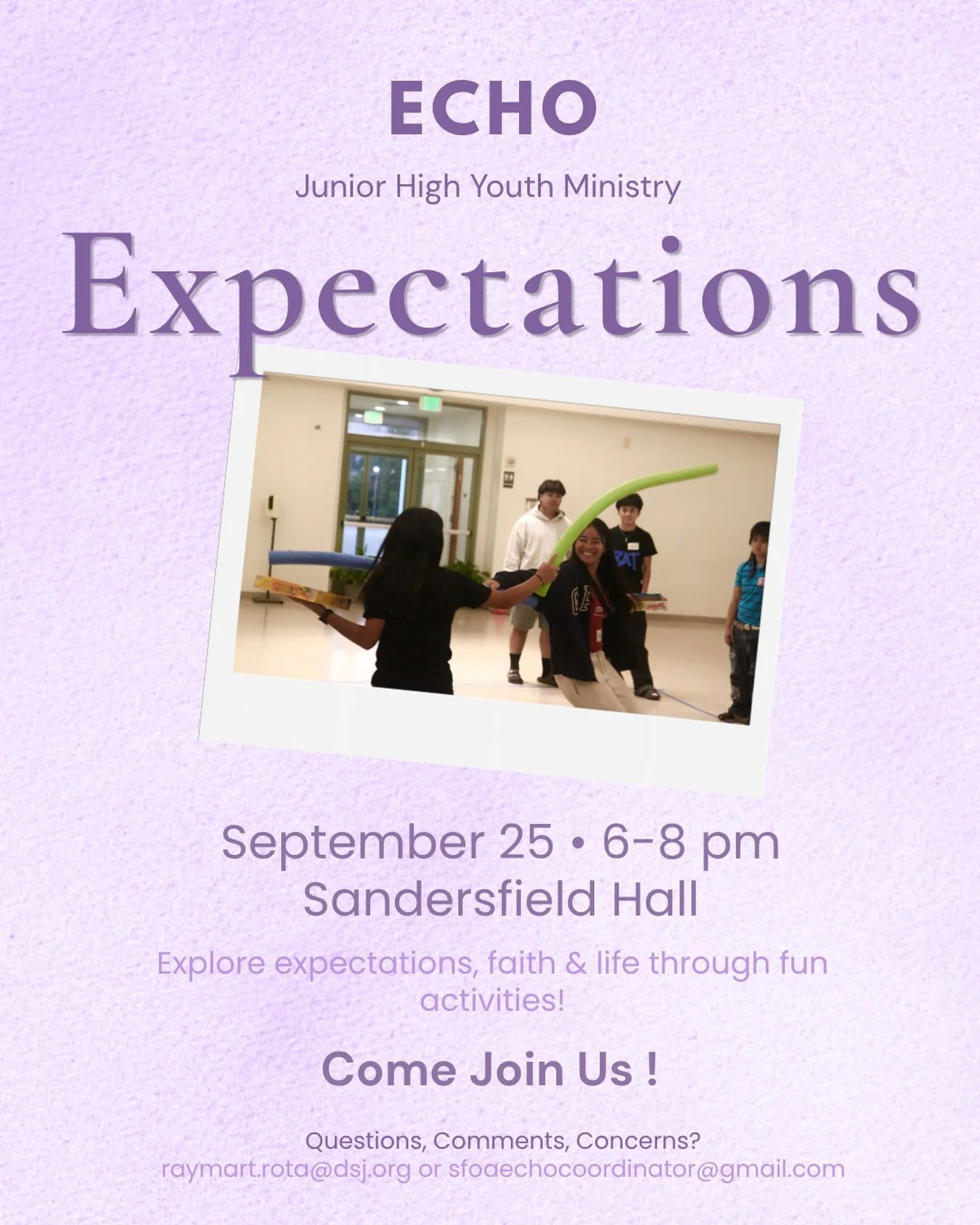 Hi F.O.G.S.! Our session this week is expectations! Come hang out with friends, play games, eat some food, and explore what expectations look like in our lives and faith.

Hope to see you there! 💜

Reminder: no ECHO next week!