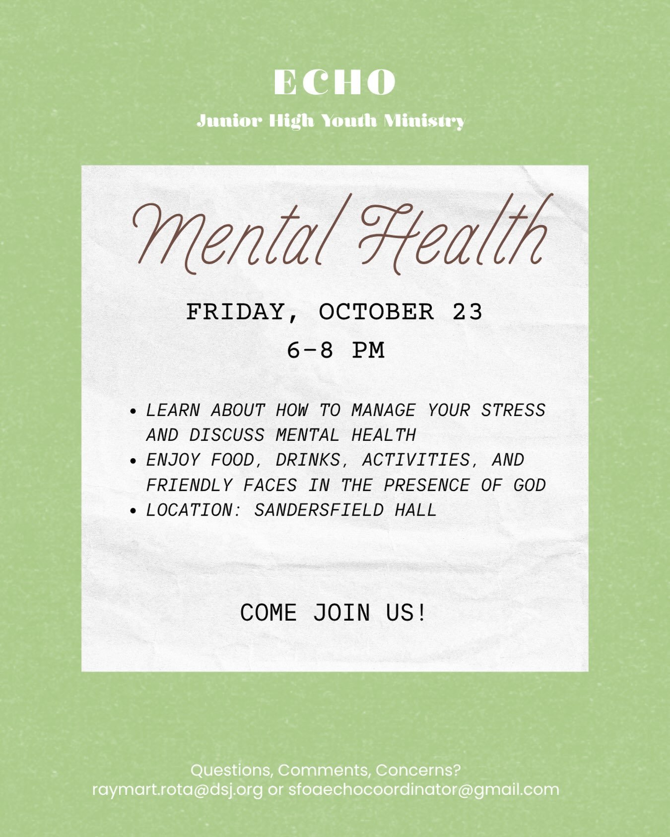 Hello F.O.G.S.! Come join our session this friday, Mental Health! Join our parish as we learn about mental health 🩺🩷