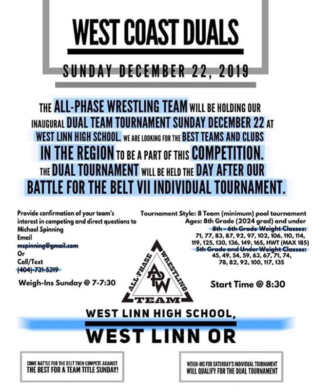 We will be sending both Elementary and Middle School school teams to this event.  This is a great opportunity for our club.  Coach Lavey will be speaking to the groups about roster availability. @allphasewrestling