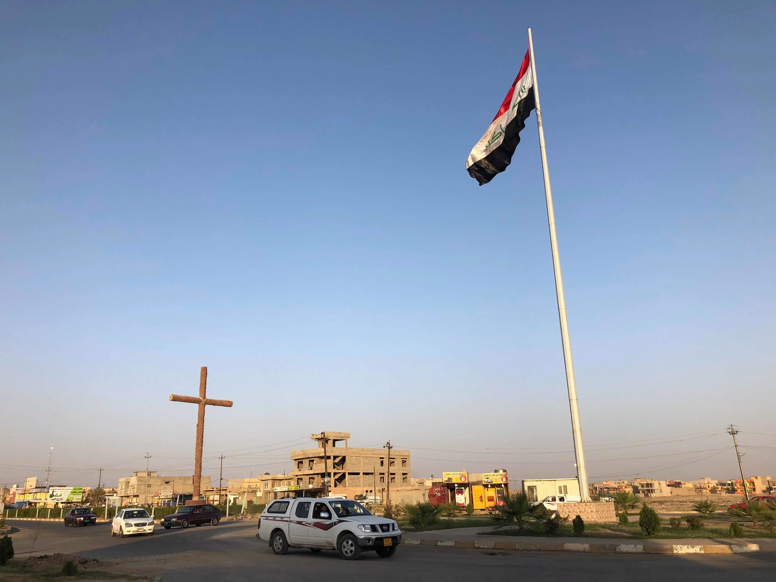 Roundabout near the entrance of the ancient city of Qaraqosh, Iraq.