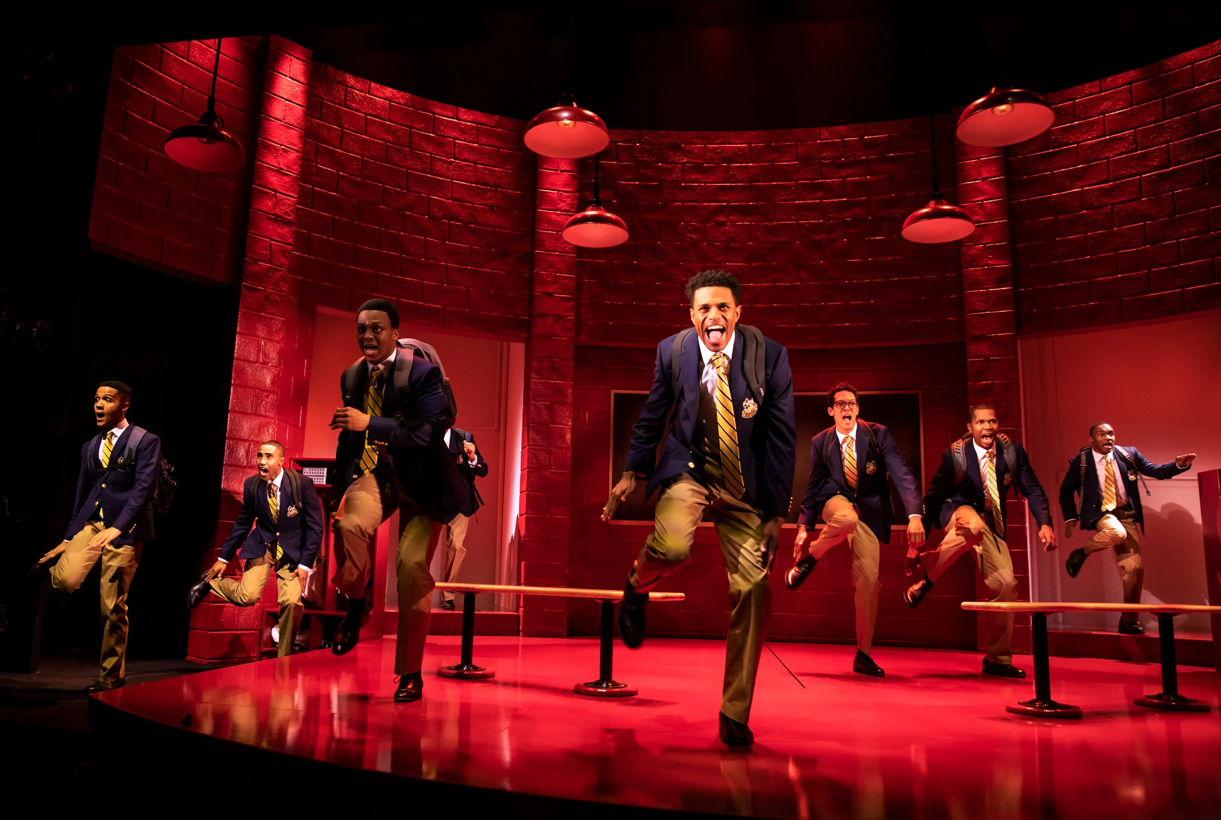 Nicholas L. Ashe, Jonathan Burke, J. Quinton Johnson, Jeremy Pope, Caleb Eberhardt, John Clay III, and Gerald Caesar. Photo Credit: Matthew Murphy.