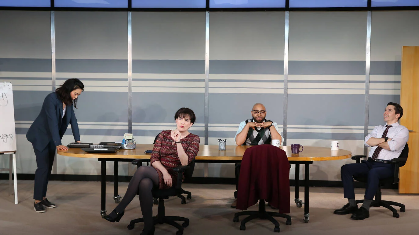 Tiffany Villarin, Megan Hill, Ugo Chukwu, and Justin Long in “Do You Feel Anger?”. Photo Credit: Carol Rosegg.
