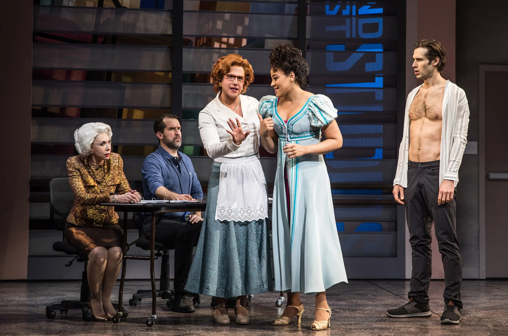 Julie Halston, James Moye, Santino Fontana, Lilli Cooper, and John Behlmann. Photo Credit: Matthew Murphy