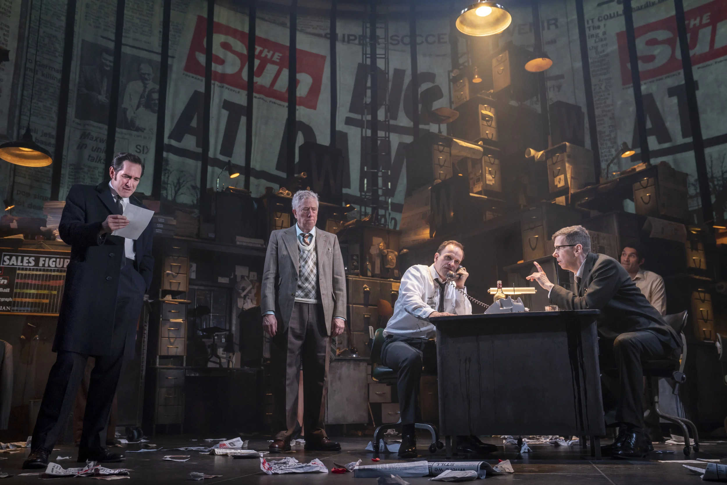 Bertie Carvel, Bill Buell, Jonny Lee Miller, Robert Stanton, Eden Marryshow in “Ink”. Photo Credit: Joan Marcus.