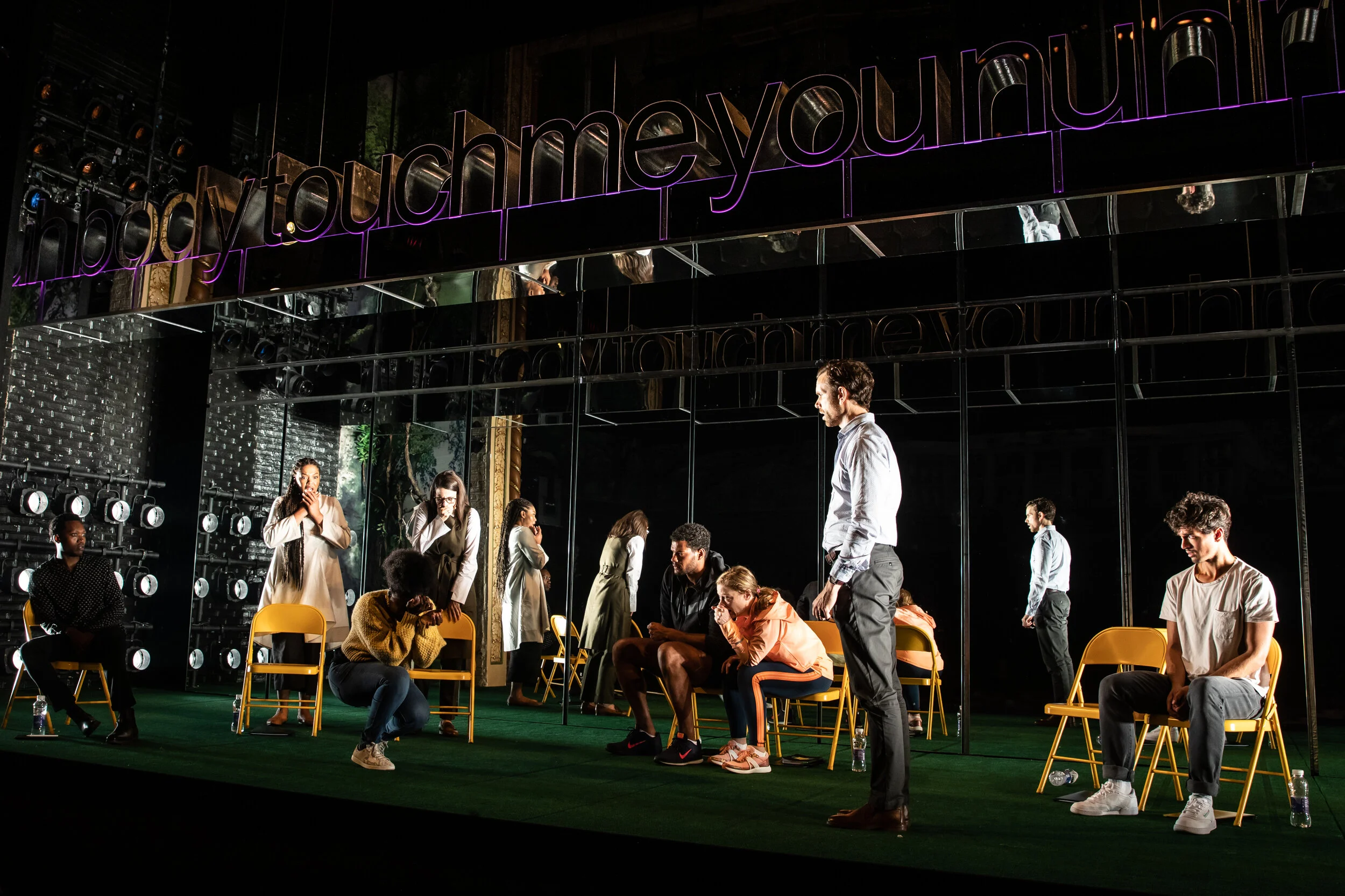 Ato Blankson-Wood, Chalia La Tour, Joaquina Kalukango (kneeling), Irene Sofia Lucio, Sullivan Jones, Annie McNamara, Paul Alexander Nolan, and James Cusati-Moyer. Photo Credit: Matthew Murphy