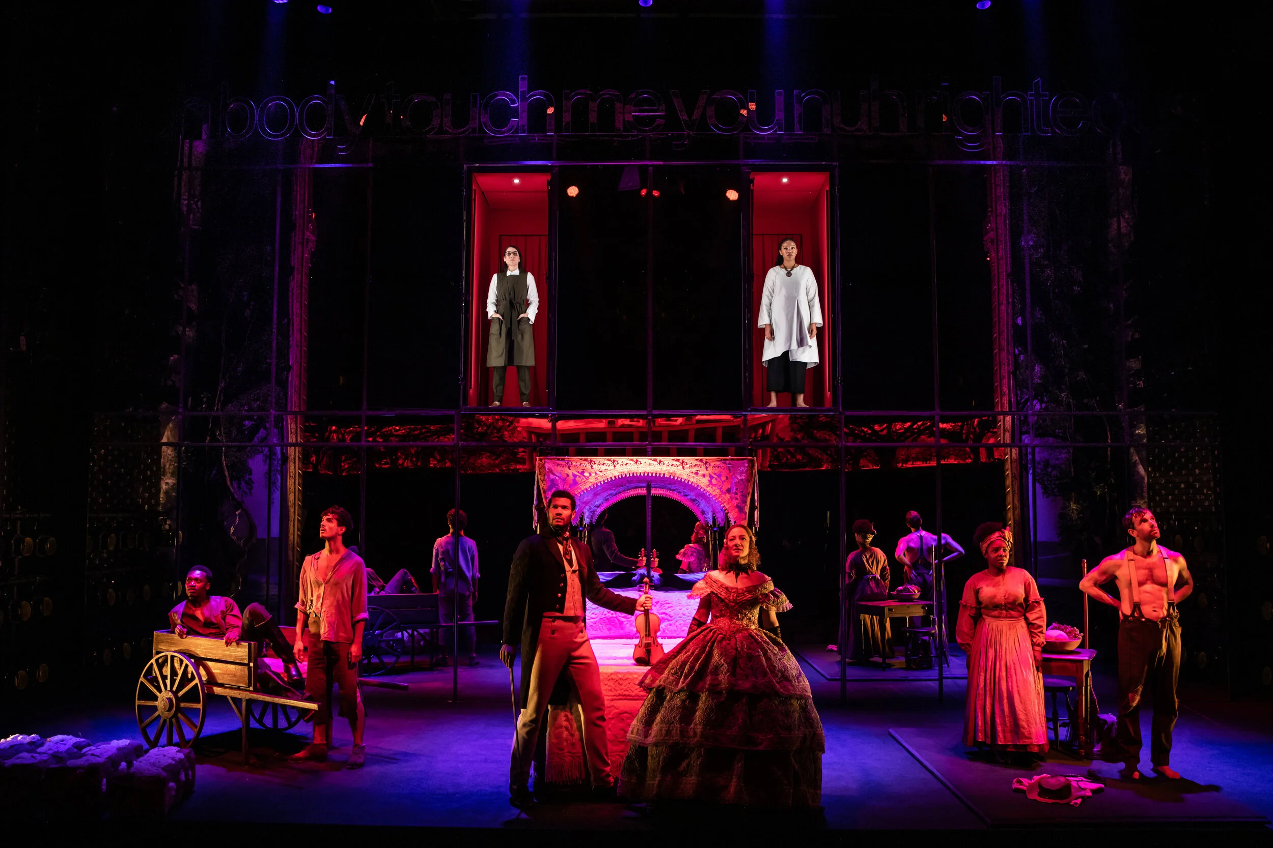 Ato Blankson-Wood, James Cusati-Moyer, Sullivan Jones, Annie McNamara, Joaquina Kalukango, Paul Alexander Nolan. In red boxes: Irene Sofia Lucio and Chalia La Tour. Photo Credit: Matthew Murphy