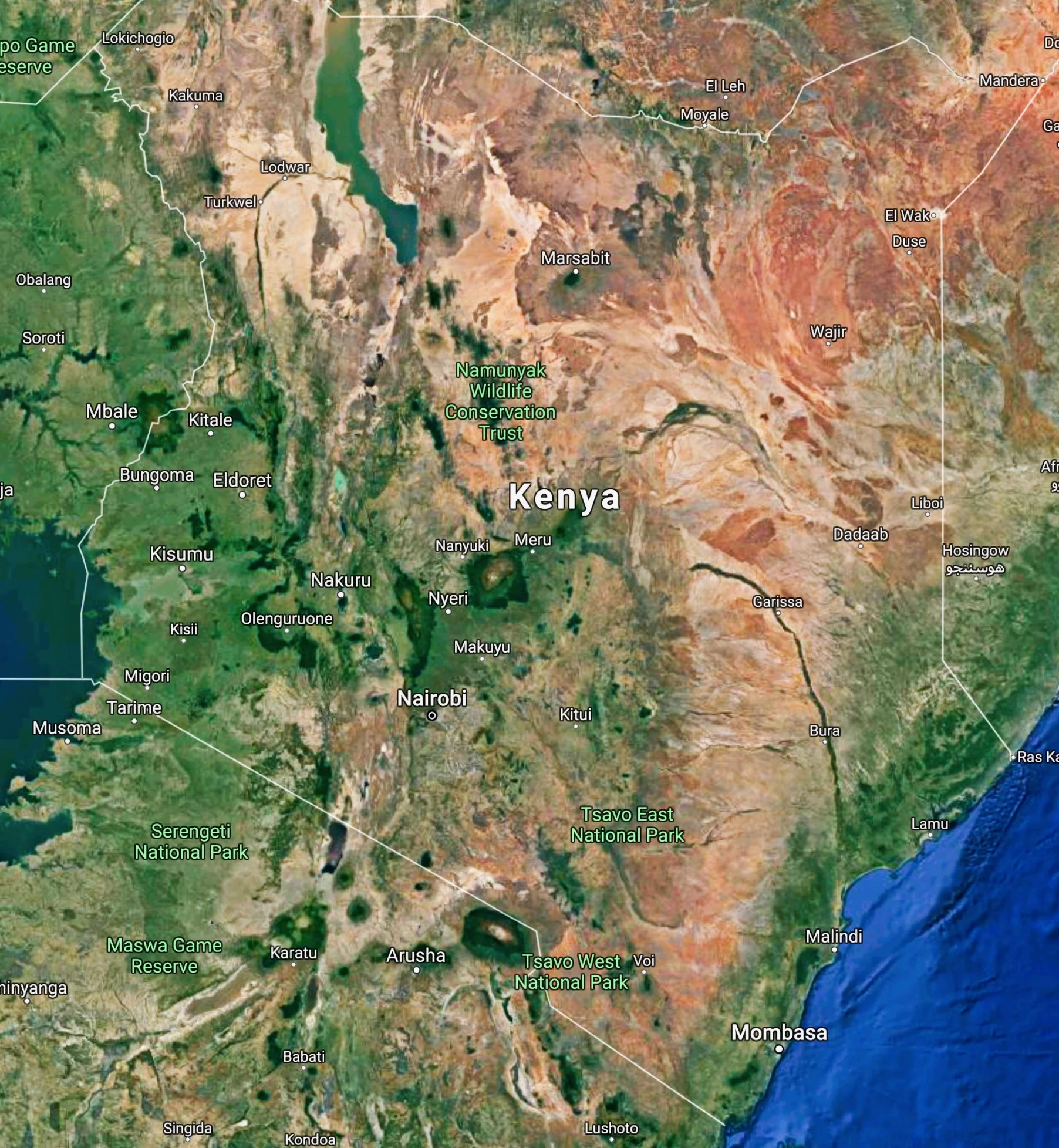 Kenya satellite view - click on map for larger version.