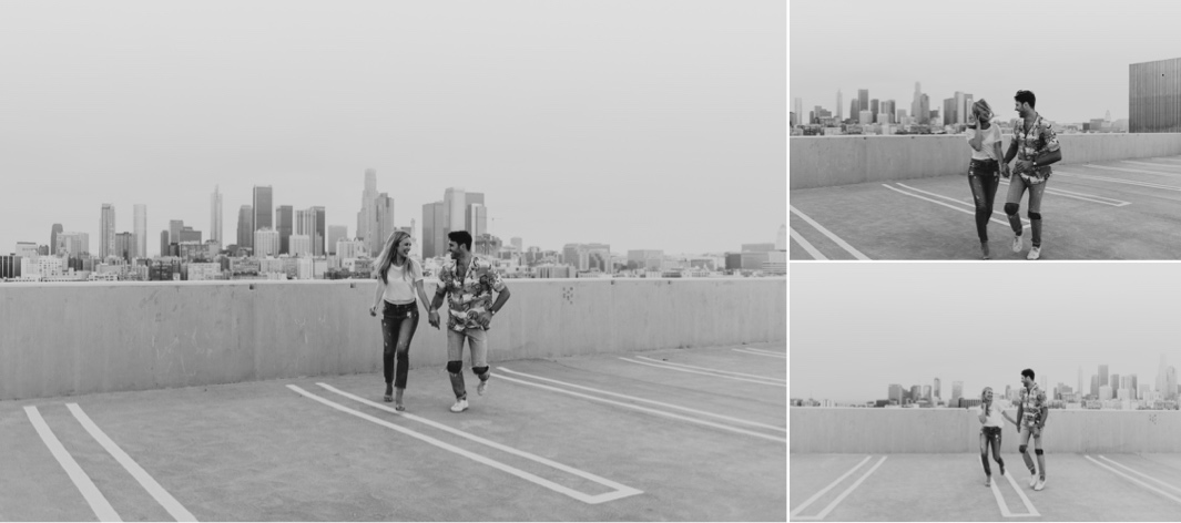Downtown Los Angeles Rooftop Engagement Session | Carrie Rogers Photography | LA skyline view from rooftop | Urban engagement session | #couples #engagement