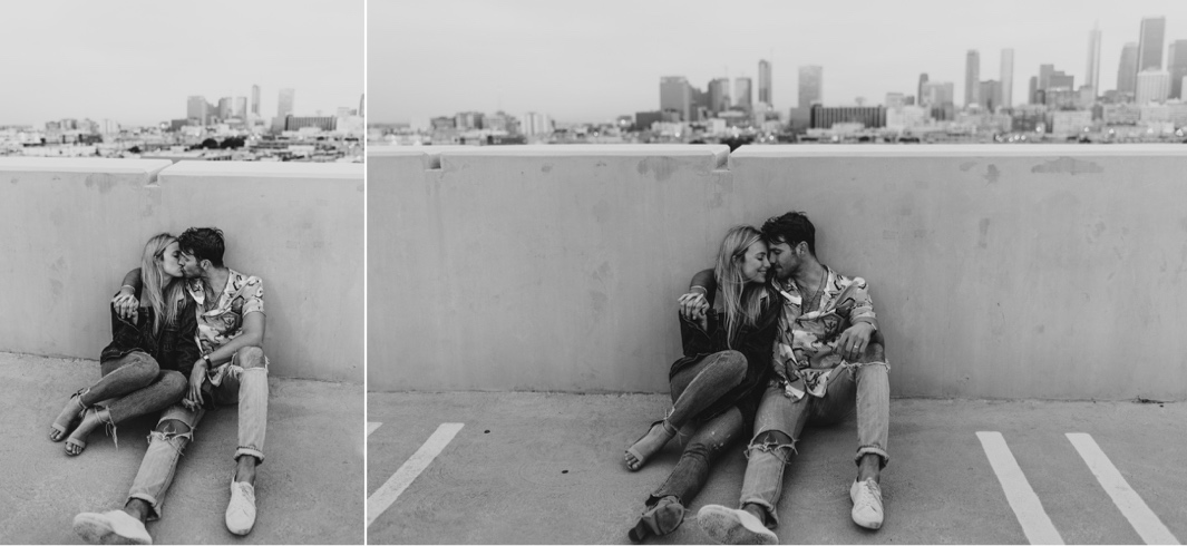 Downtown Los Angeles Rooftop Engagement Session | Carrie Rogers Photography | LA skyline view from rooftop | Urban engagement session | #couples #engagement