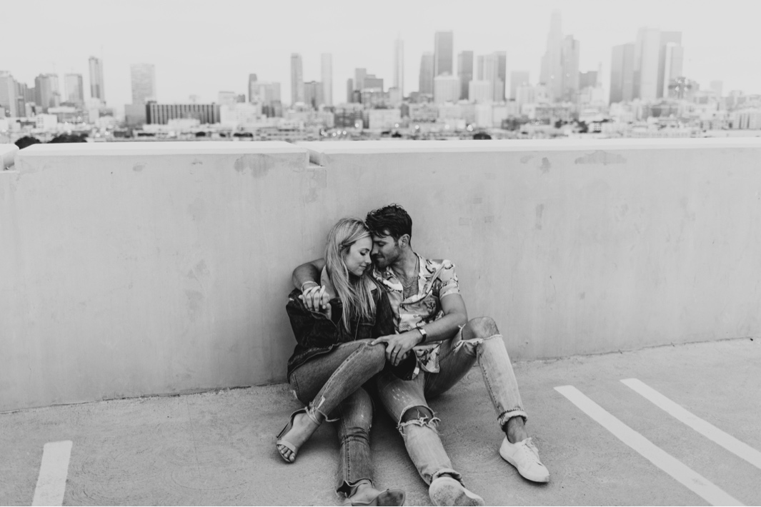 Downtown Los Angeles Rooftop Engagement Session | Carrie Rogers Photography | LA skyline view from rooftop | Urban engagement session | #couples #engagement