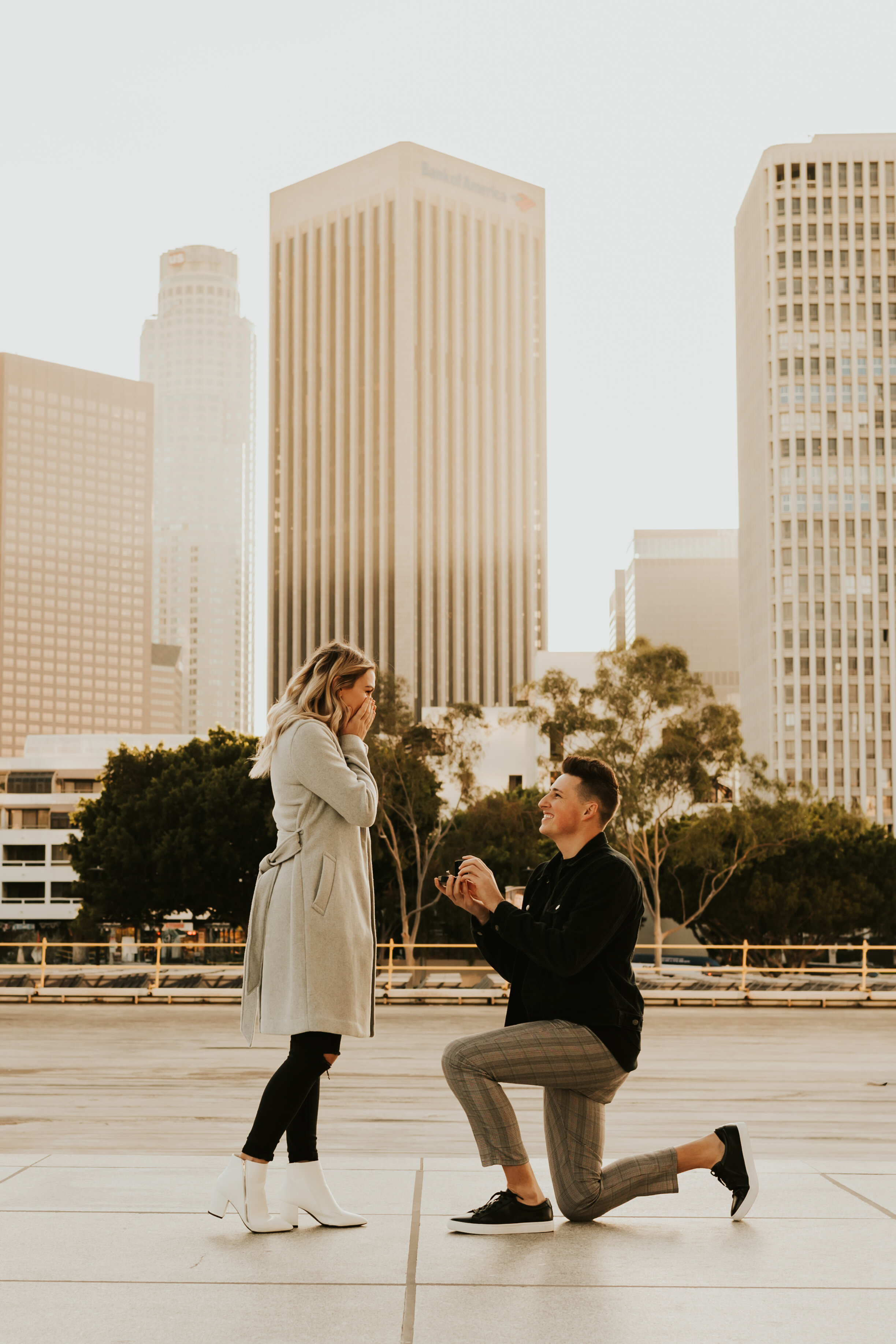 Downtown Los Angeles Proposal | DTLA Engagement Session | Surprise Proposal | DTLA city skyline view | California Wedding Photographer 