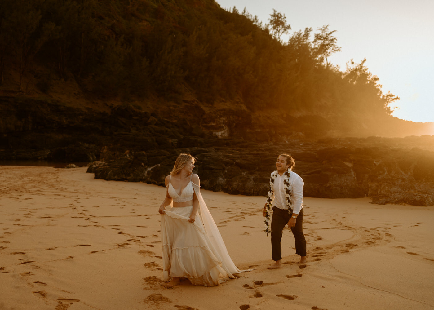 Adventurous Destination Elopement | Kauai Elopement Photographer | Hawaii Beach Elopement | Destination Wedding | Boho Dress | Secret Beach Kauai | Tropical Wedding 