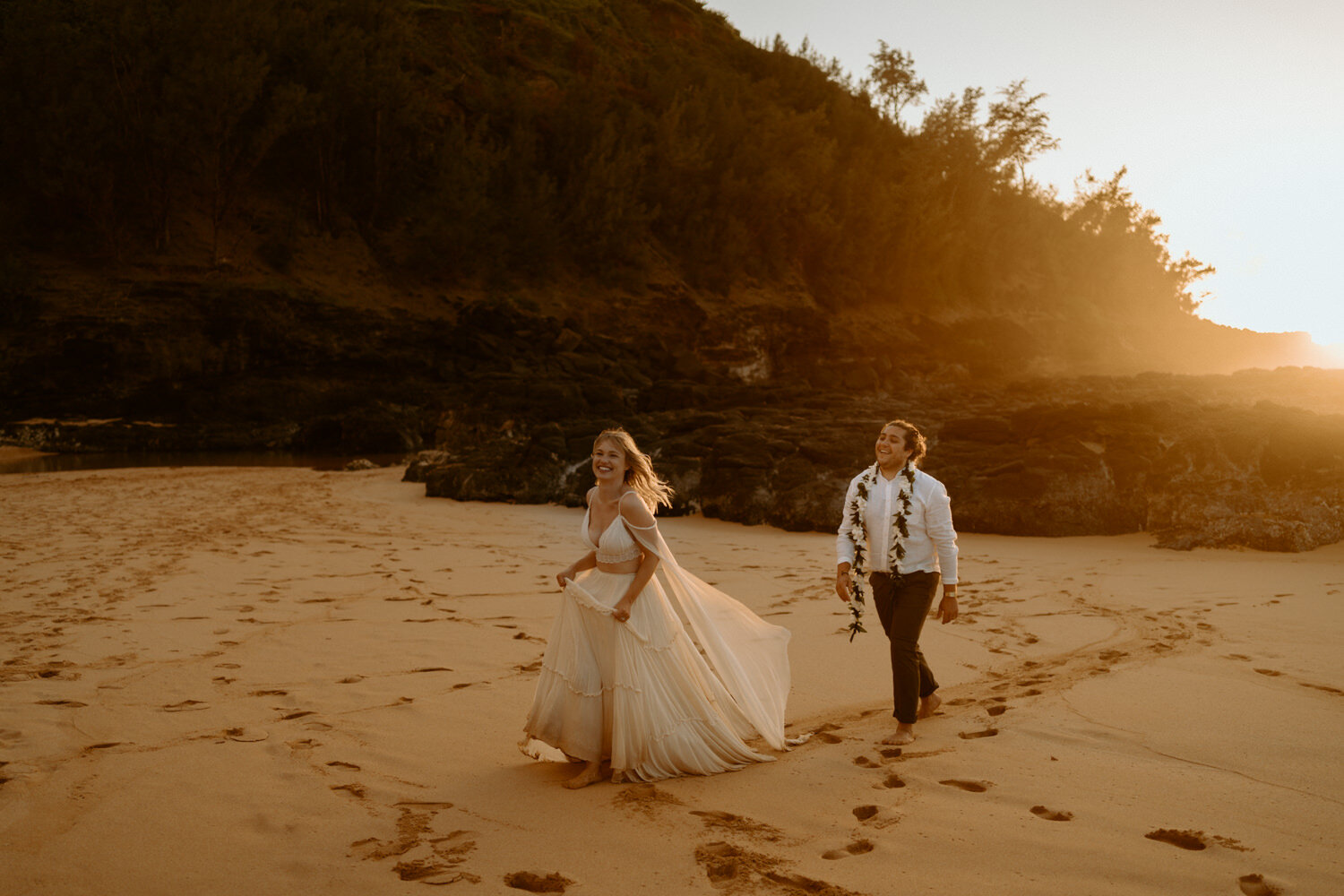 Adventurous Destination Elopement | Kauai Elopement Photographer | Hawaii Beach Elopement | Destination Wedding | Boho Dress | Secret Beach Kauai | Tropical Wedding 