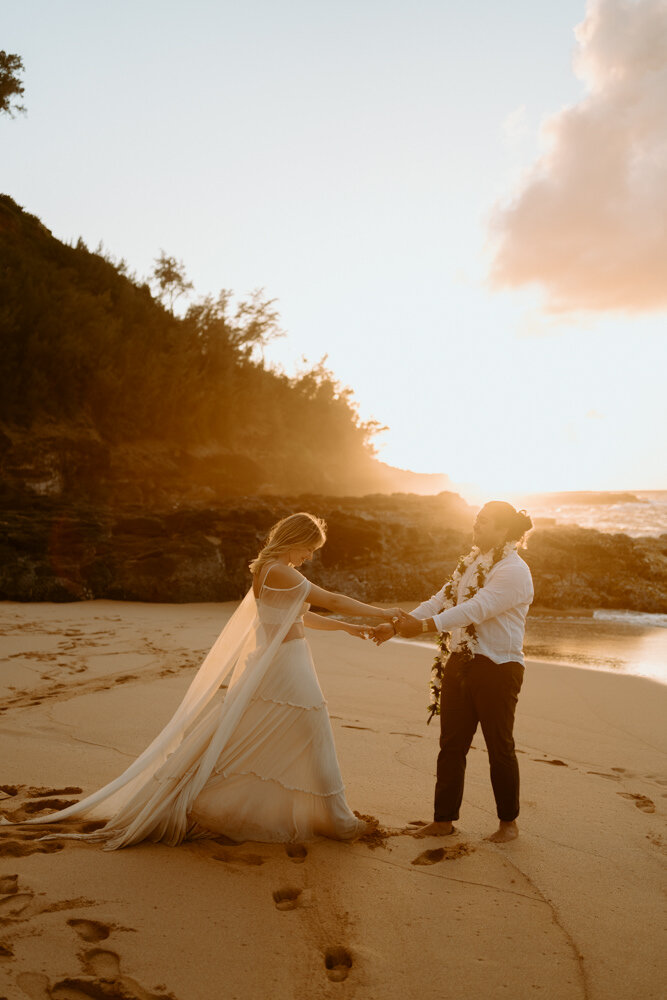 Adventurous Destination Elopement | Kauai Elopement Photographer | Hawaii Beach Elopement | Destination Wedding | Boho Dress | Secret Beach Kauai | Tropical Wedding 