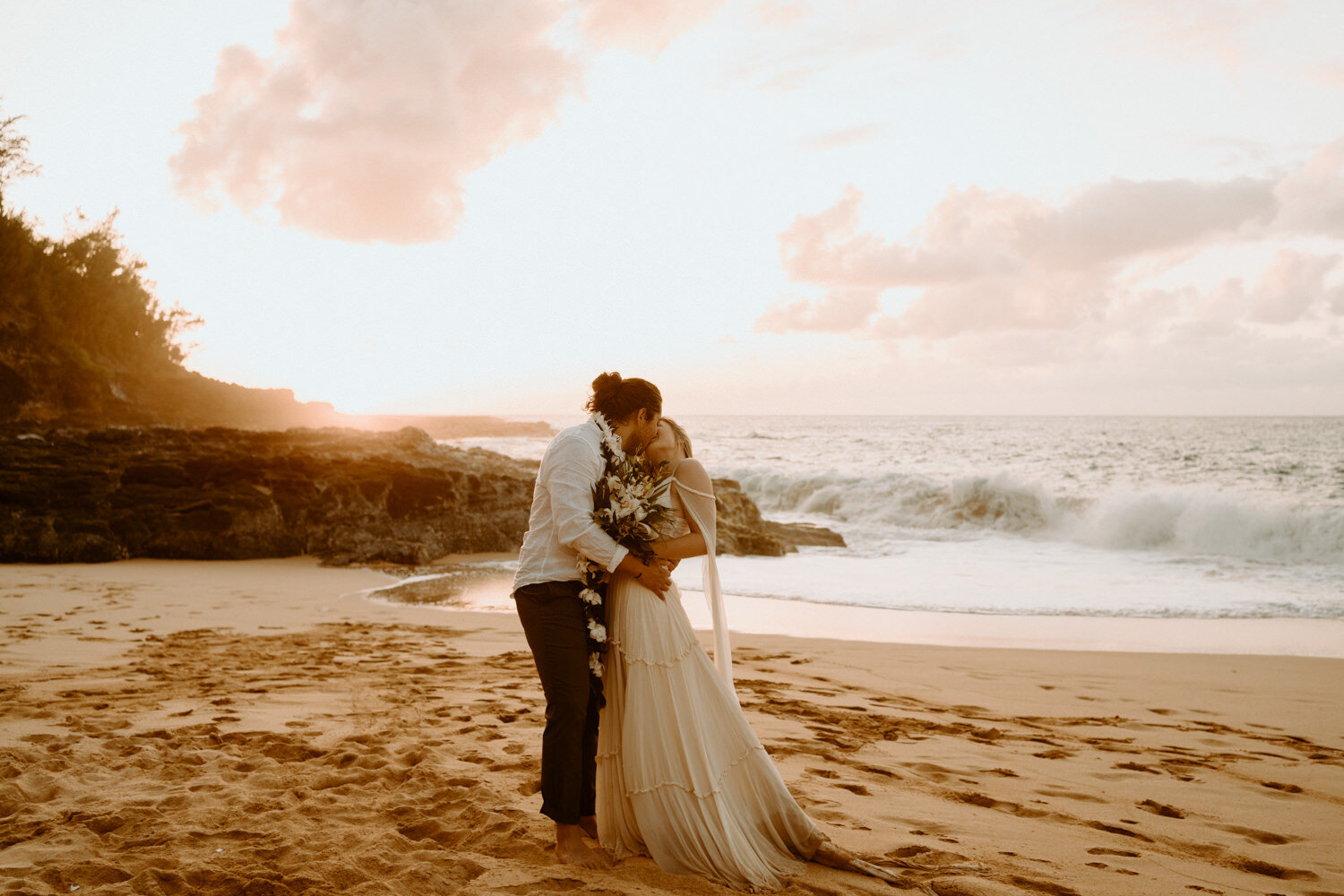 Adventurous Destination Elopement | Kauai Elopement Photographer | Hawaii Beach Elopement | Destination Wedding | Boho Dress | Secret Beach Kauai | Tropical Wedding 