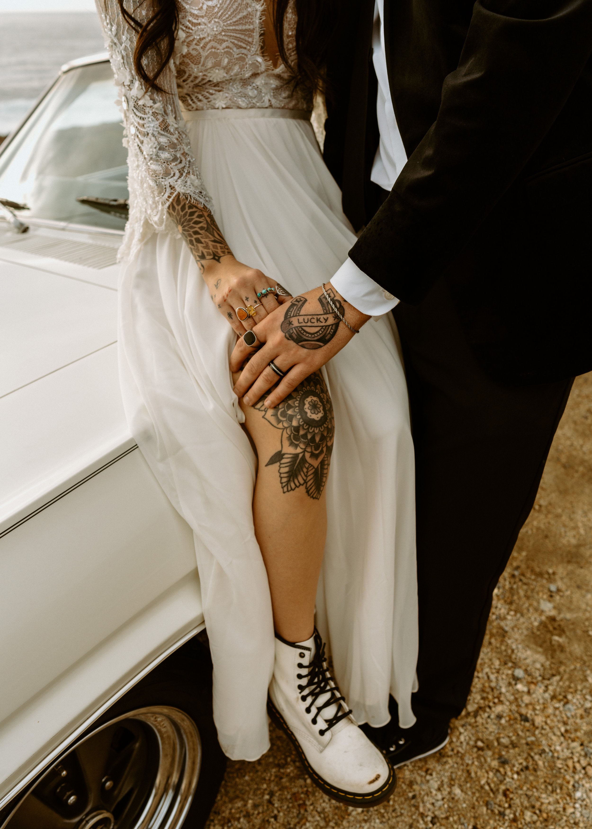 Vintage car elopement photos in Big Sur California | Nontraditional wedding photos | Big Sur elopement photographer | Bride and Groom with Tattoos