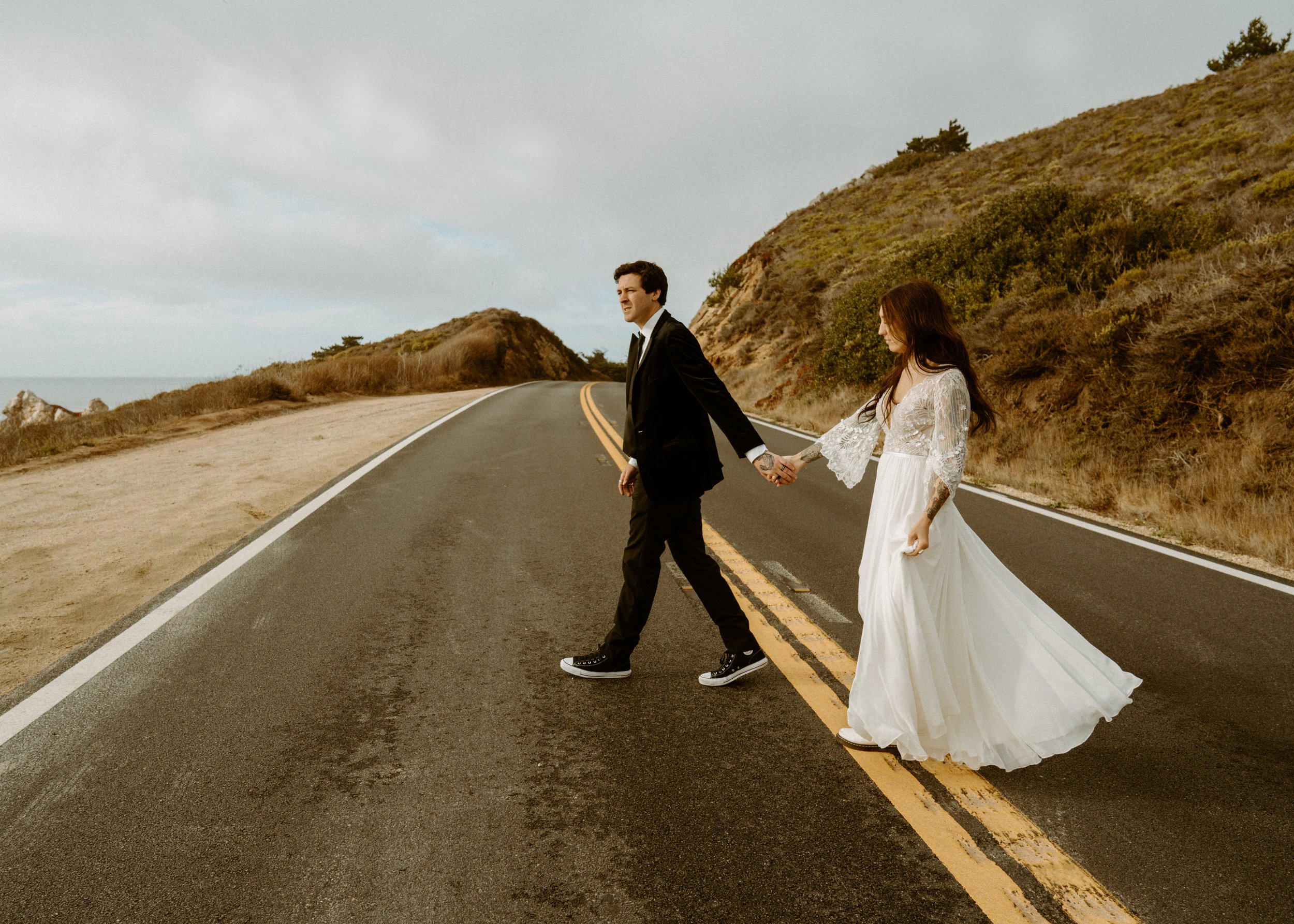 Vintage car elopement photos in Big Sur California | Nontraditional wedding photos | Big Sur elopement photographer | Bride and Groom with Tattoos