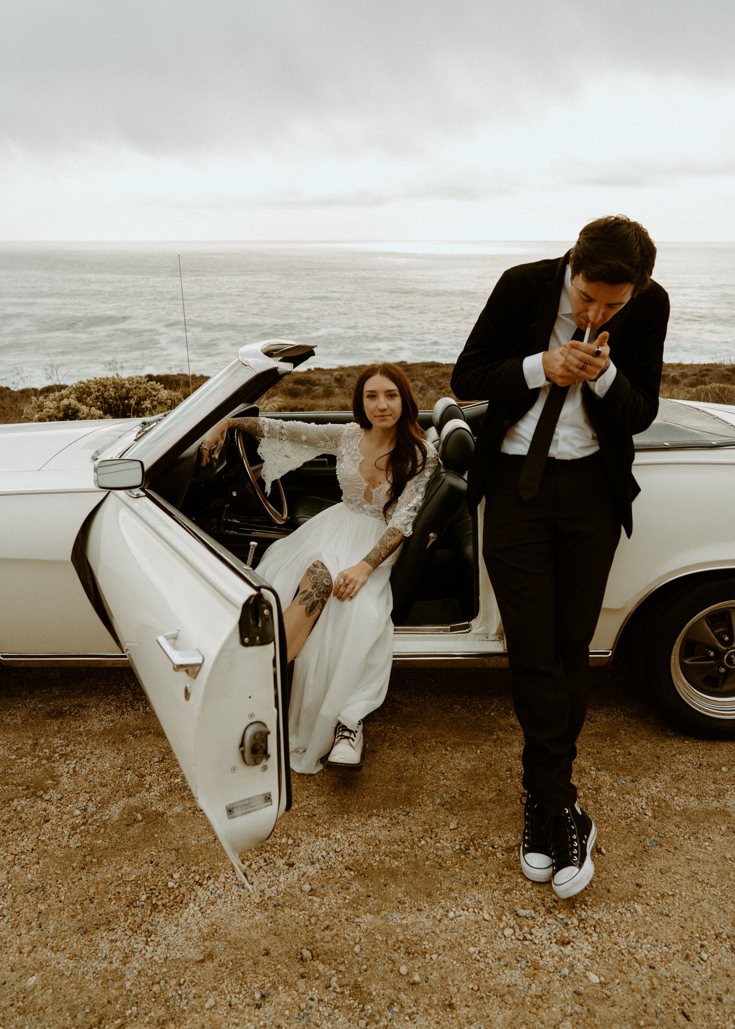 Vintage car elopement photos in Big Sur California | Nontraditional wedding photos | Big Sur elopement photographer | Bride and Groom with Tattoos