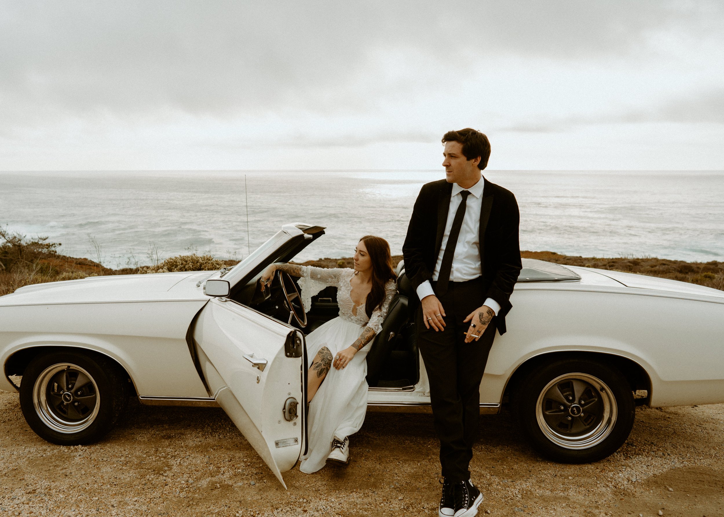 Vintage car elopement photos in Big Sur California | Nontraditional wedding photos | Big Sur elopement photographer | Bride and Groom with Tattoos