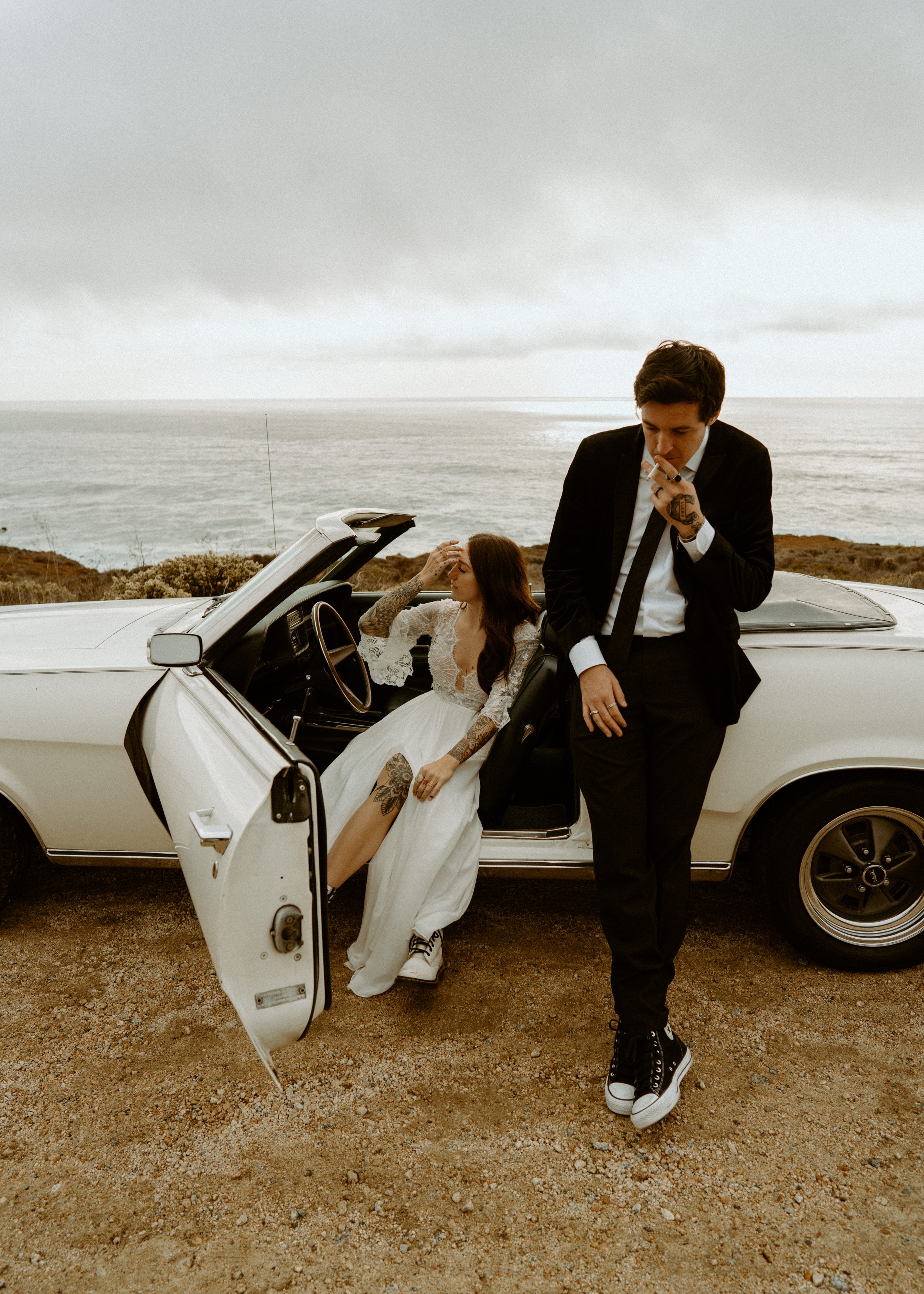 Vintage car elopement photos in Big Sur California | Nontraditional wedding photos | Big Sur elopement photographer | Bride and Groom with Tattoos