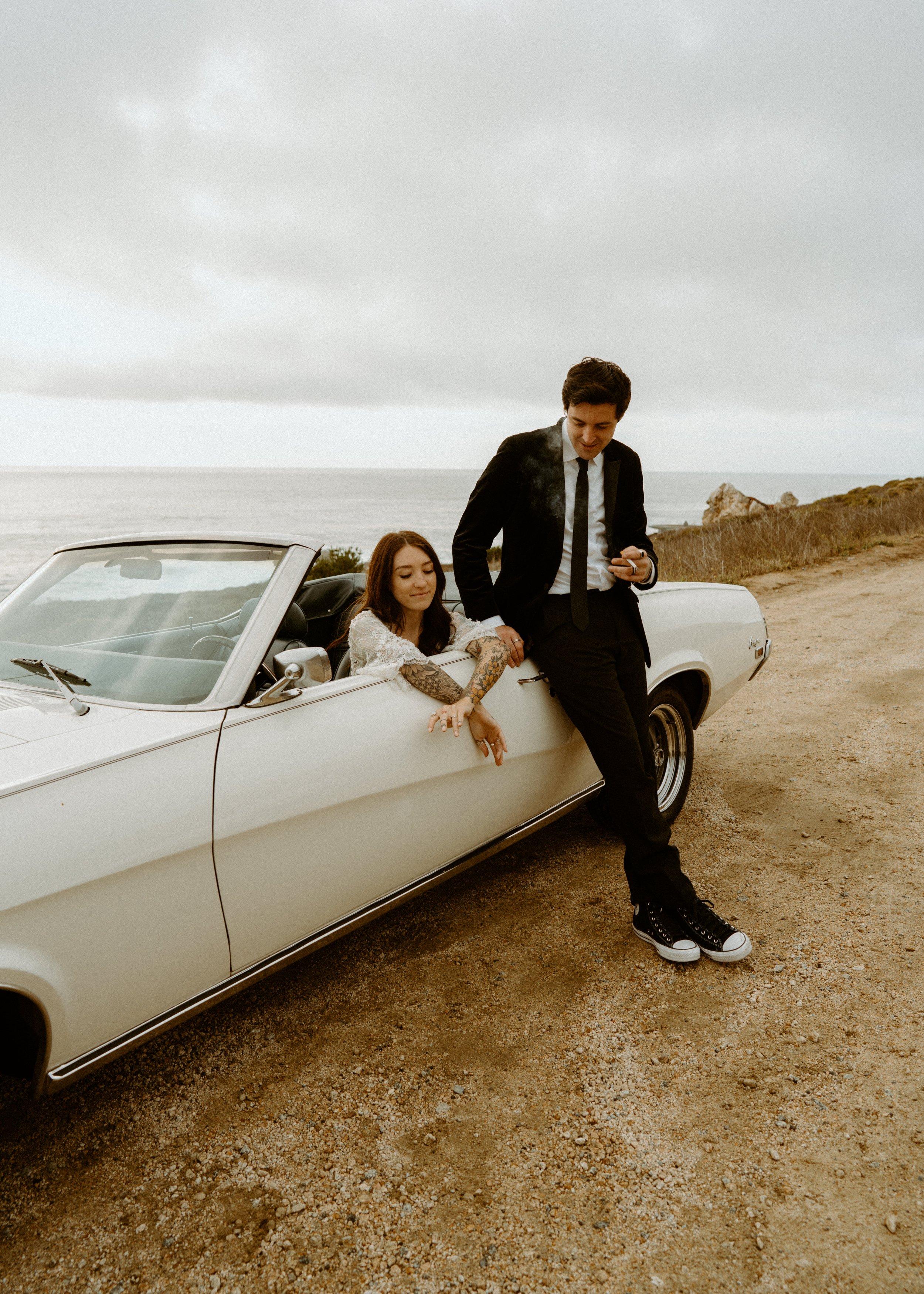 Vintage car elopement photos in Big Sur California | Nontraditional wedding photos | Big Sur elopement photographer | Bride and Groom with Tattoos