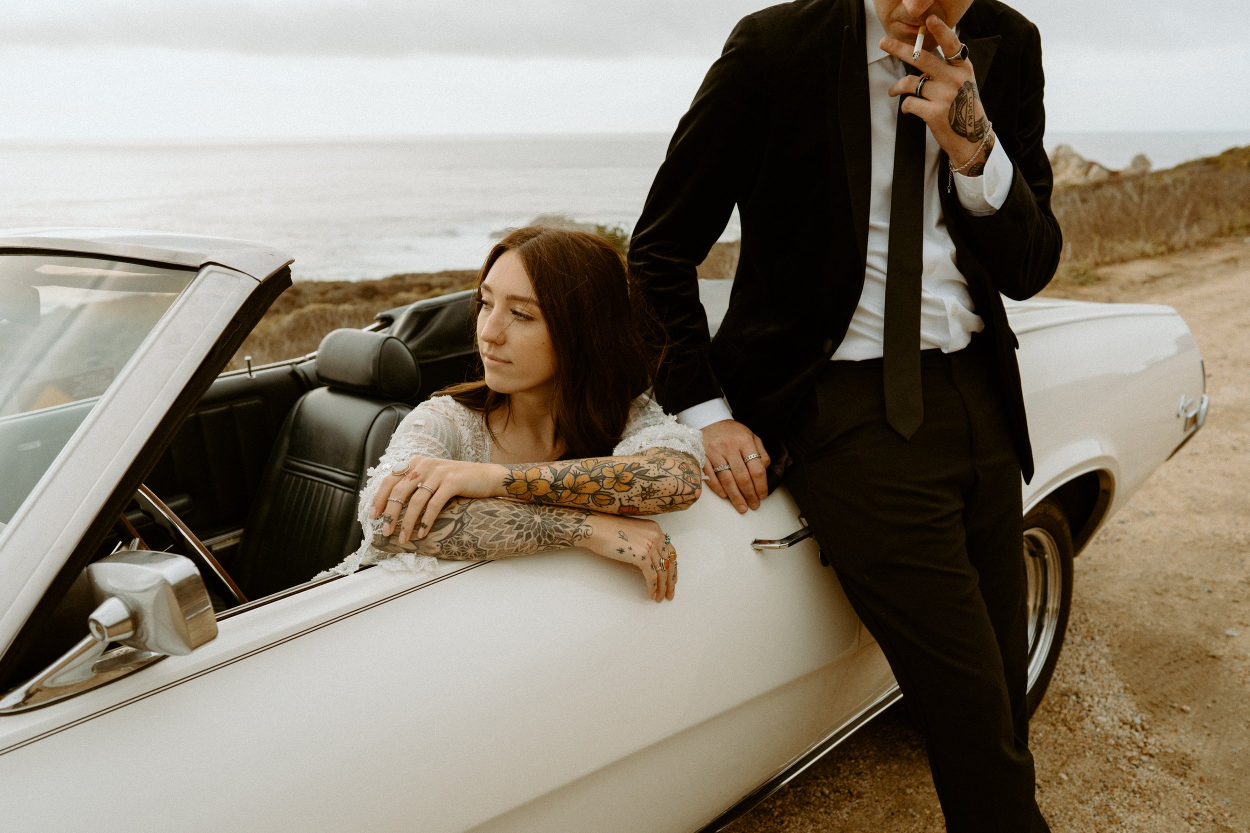 Vintage car elopement photos in Big Sur California | Nontraditional wedding photos | Big Sur elopement photographer | Bride and Groom with Tattoos