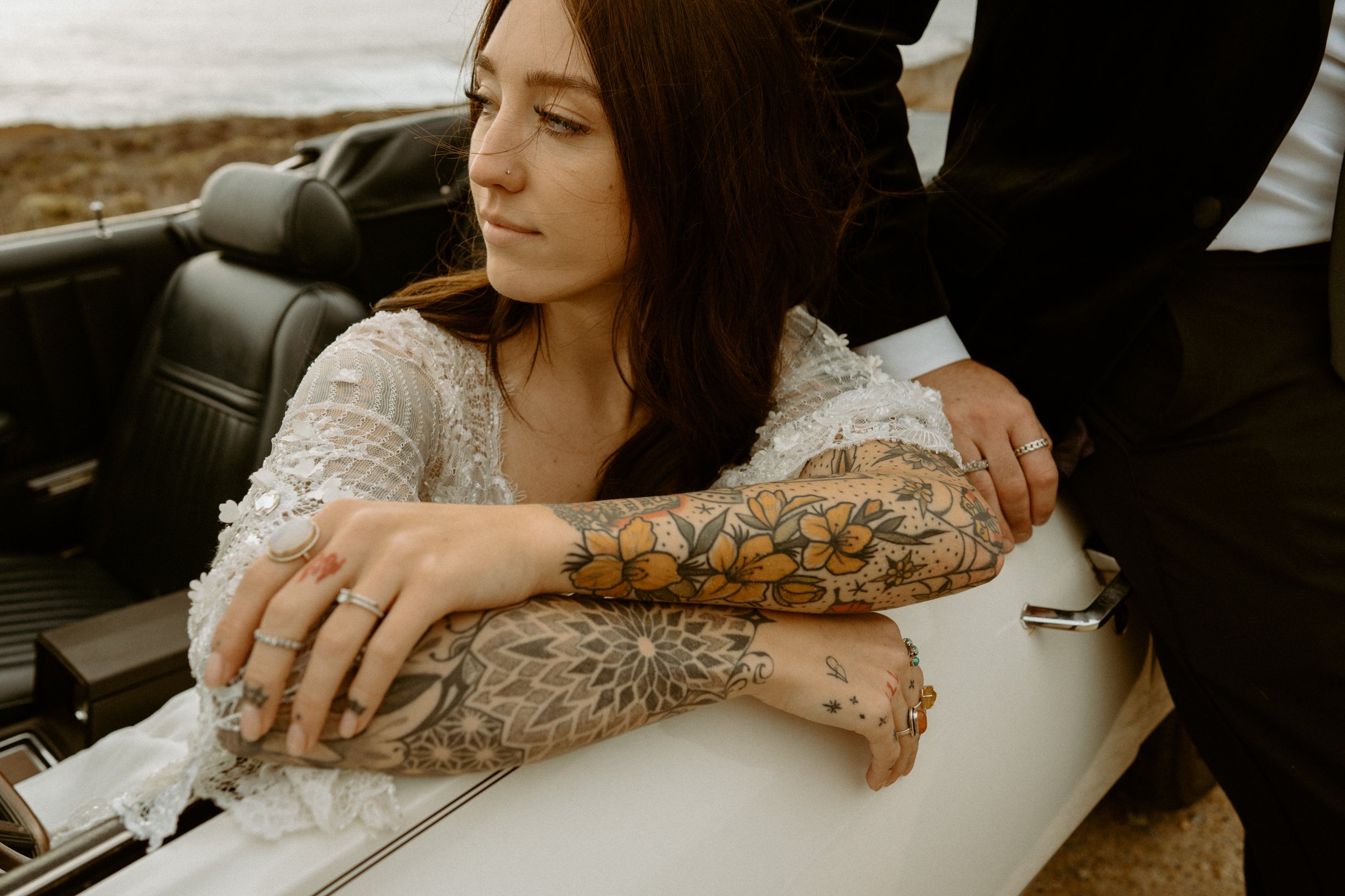 Vintage car elopement photos in Big Sur California | Nontraditional wedding photos | Big Sur elopement photographer | Bride and Groom with Tattoos