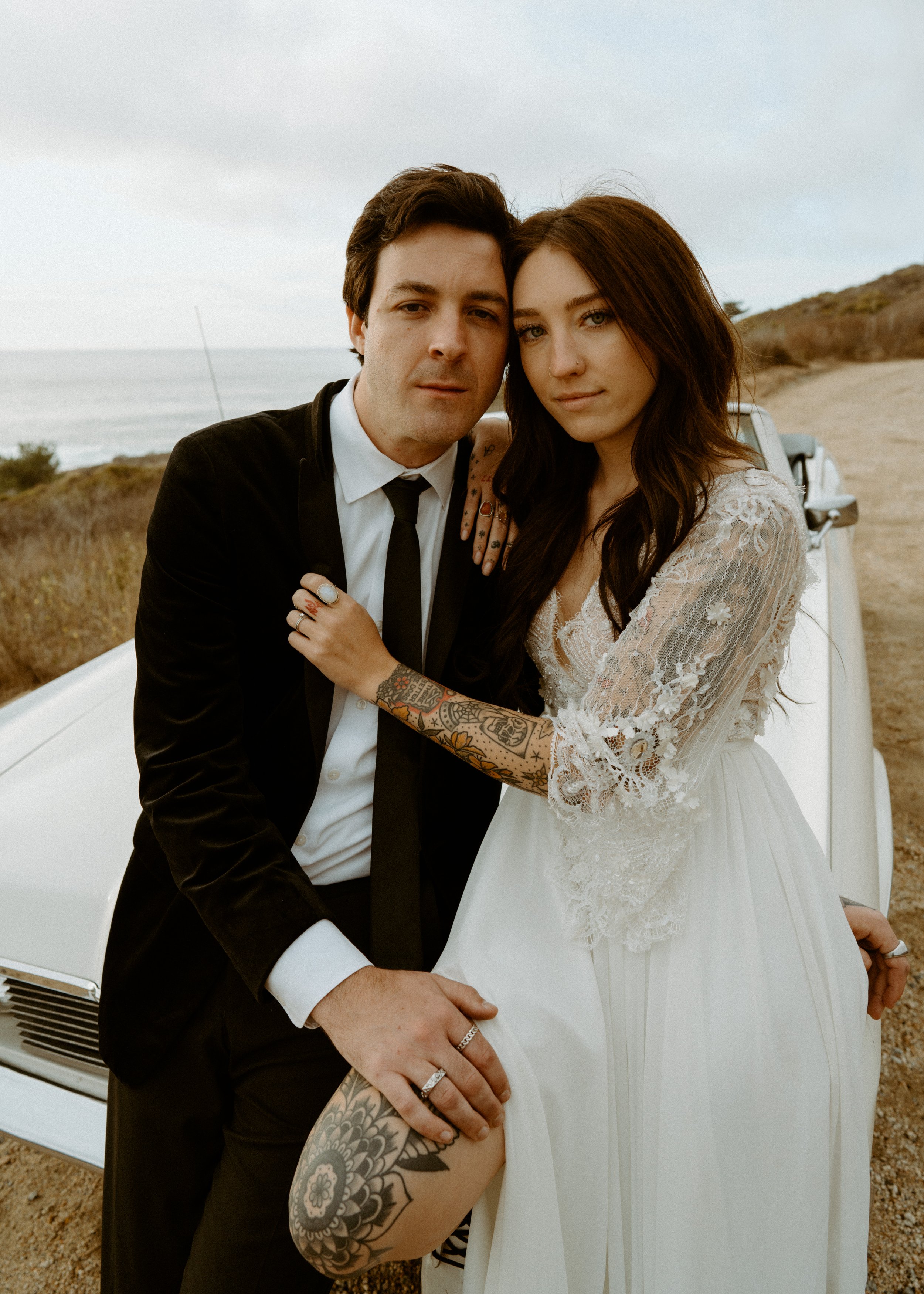 Vintage car elopement photos in Big Sur California | Nontraditional wedding photos | Big Sur elopement photographer | Bride and Groom with Tattoos