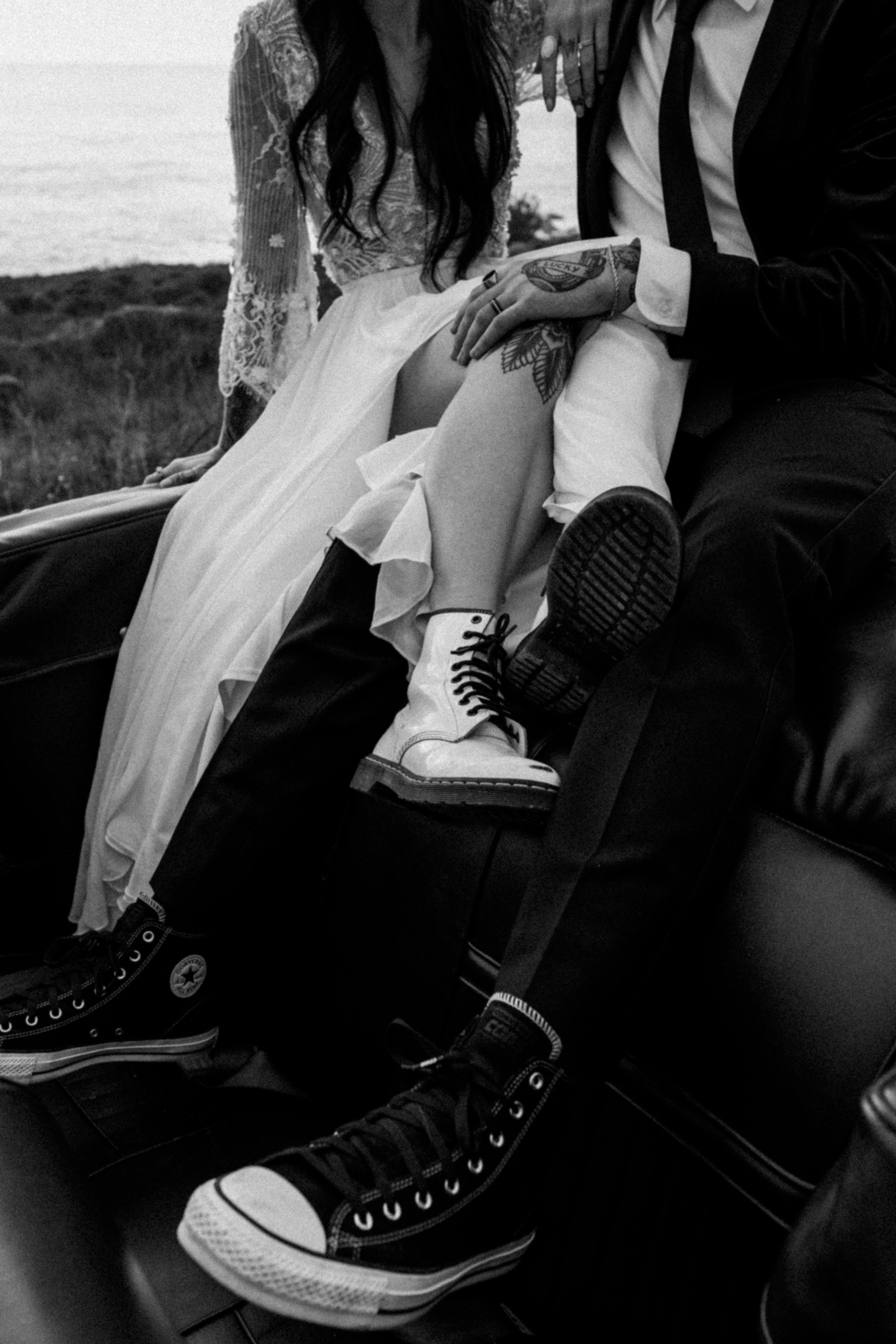 Vintage car elopement photos in Big Sur California | Nontraditional wedding photos | Big Sur elopement photographer | Bride and Groom with Tattoos