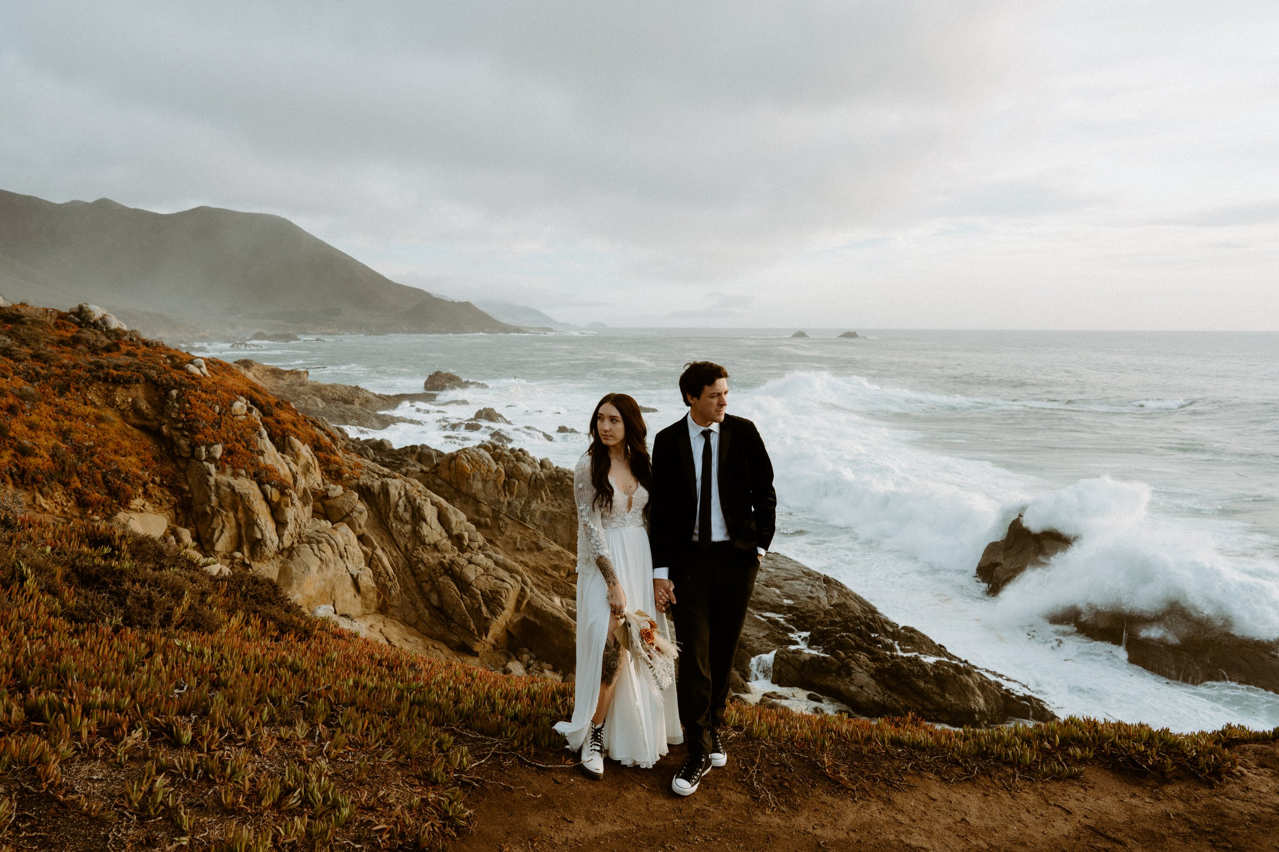 Vintage car elopement photos in Big Sur California | Nontraditional wedding photos | Big Sur elopement photographer | Bride and Groom with Tattoos