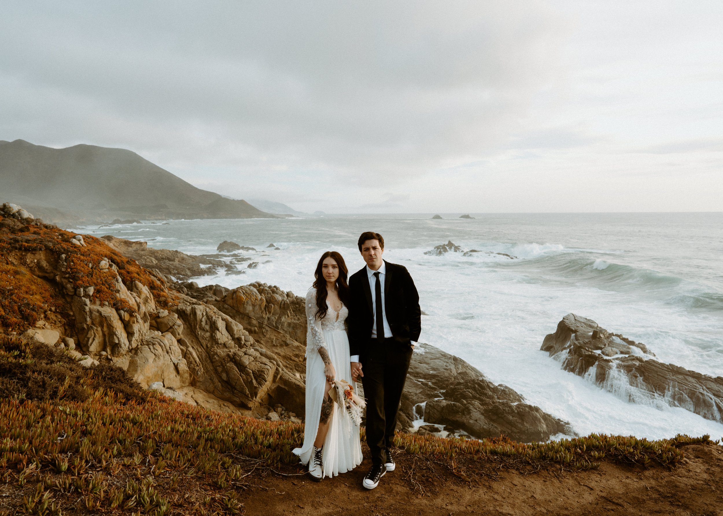 Vintage car elopement photos in Big Sur California | Nontraditional wedding photos | Big Sur elopement photographer | Bride and Groom with Tattoos