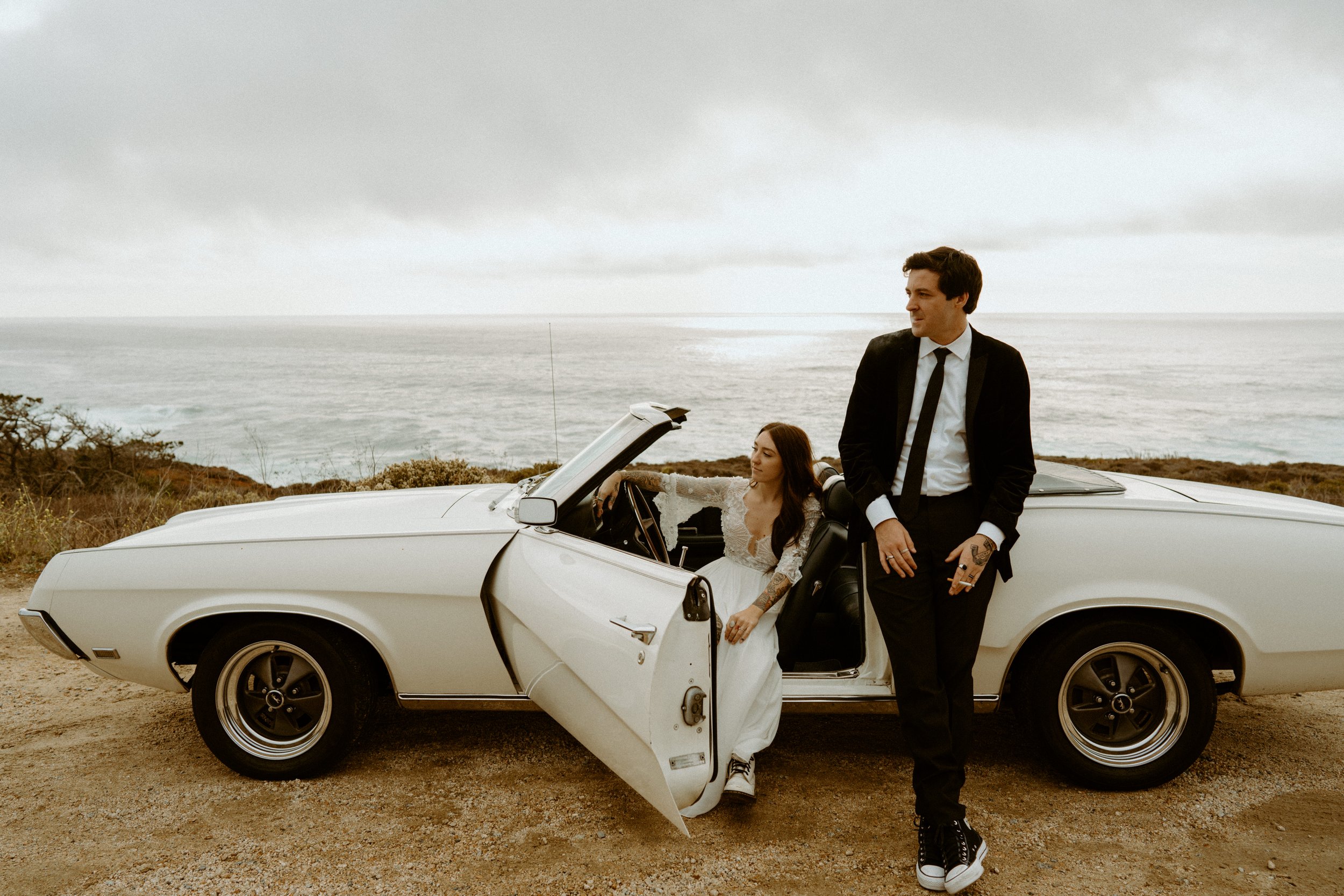 Vintage car elopement photos in Big Sur California | Nontraditional wedding photos | Big Sur elopement photographer | Bride and Groom with Tattoos