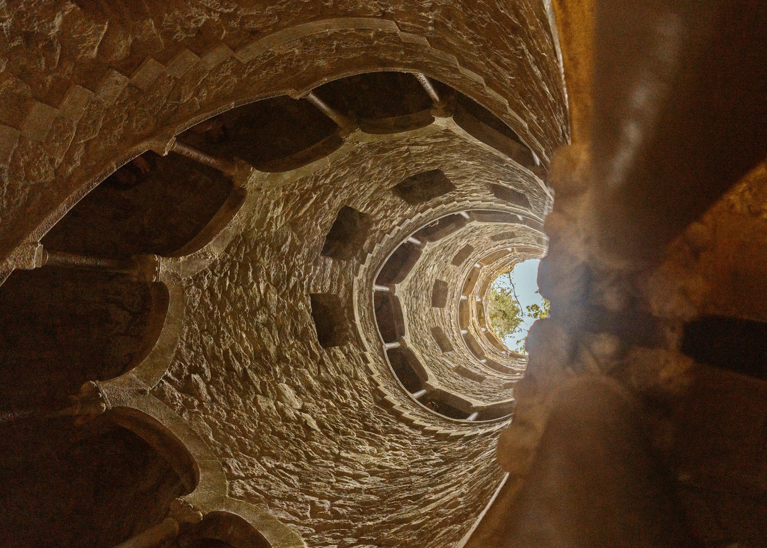 view from bottom of initiation well at Quinta da Regaleira in sintra portugal 