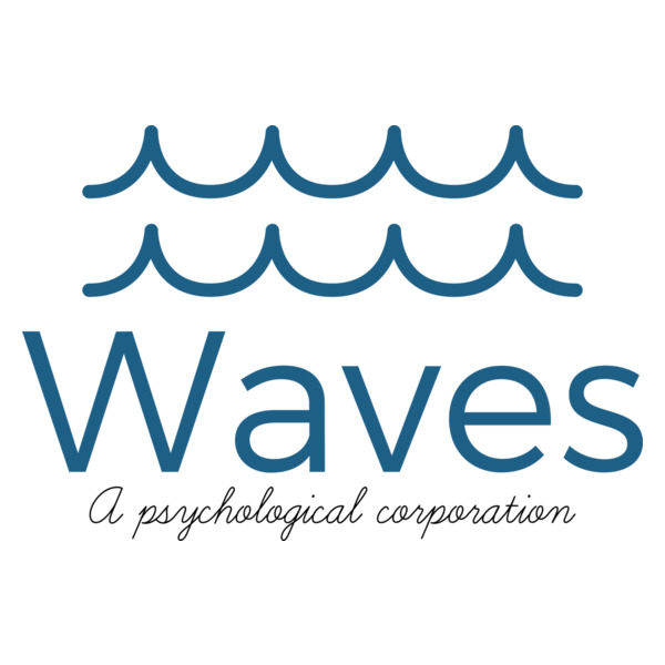 Waves, A Psychological Corporation’ s logo consisting of two stacked blue wave drawings over the words, Waves, A Psychological Corporation