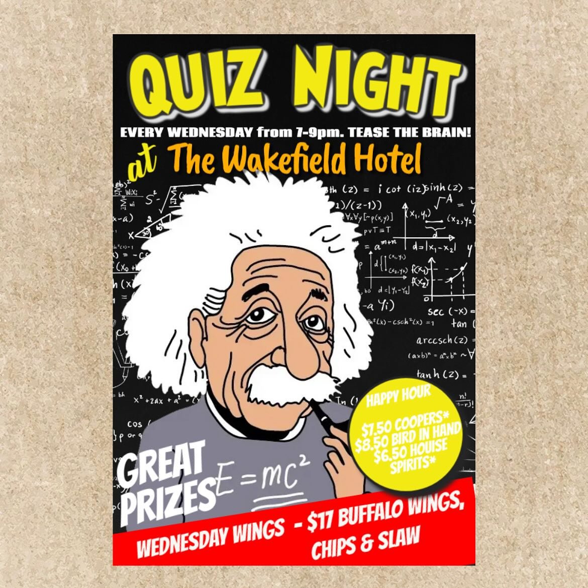 Brain Teasers &amp; Buzzers: Your Weekly Quiz Thrills!

Join us at the Wakefield every Wednesday 7-9pm for Quiz Night! Starting Oct 2nd!

WEDNESDAY WING NIGHT! $17 Buffalo Wings, chips and slaw. 
plus Happy Hour Specials:
- $7.50 Coopers Tap Beers* 
