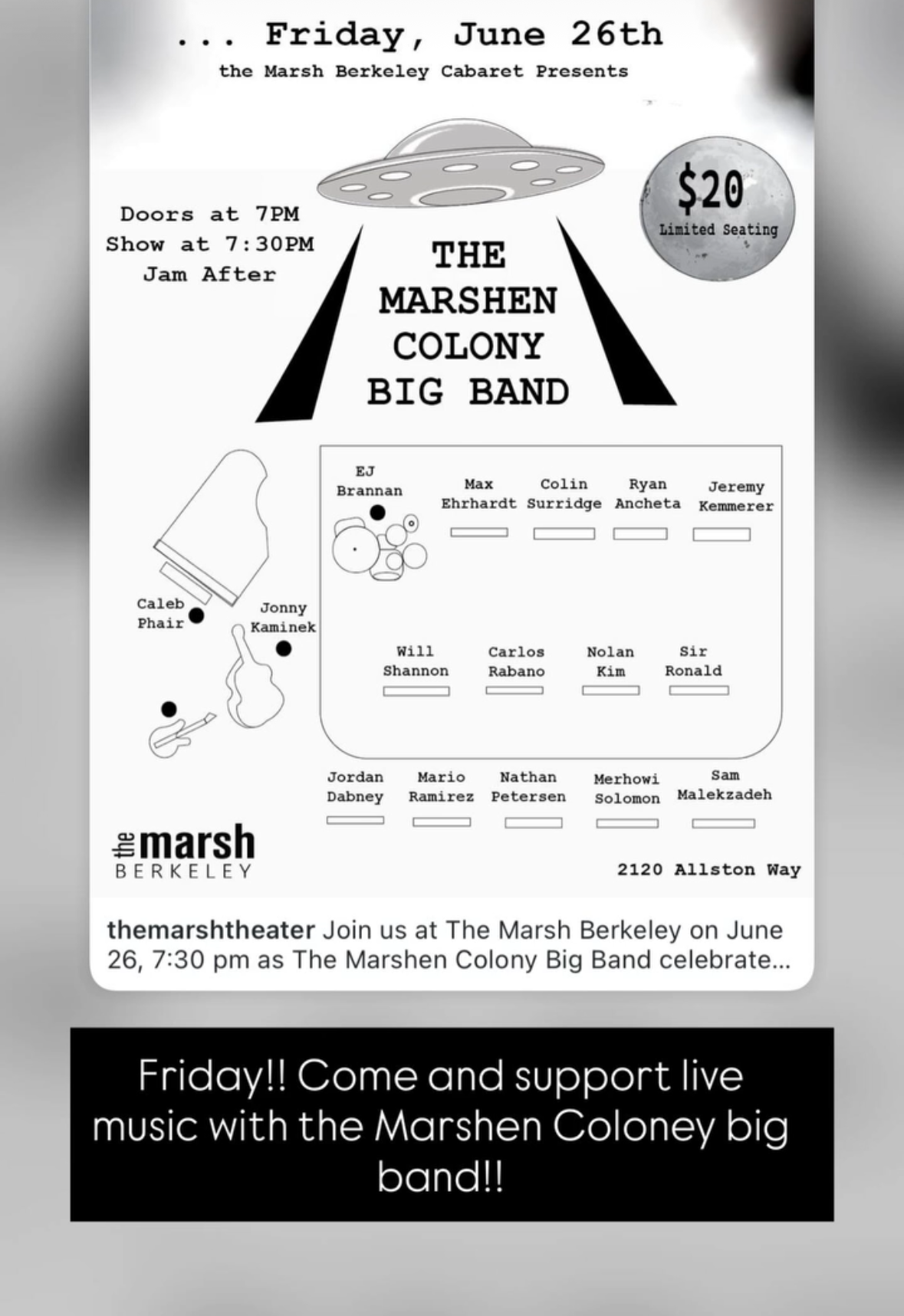 FRI 6/26/26 7:00PM Special Happening at Marsh - the Marshen Colony Big Band!
