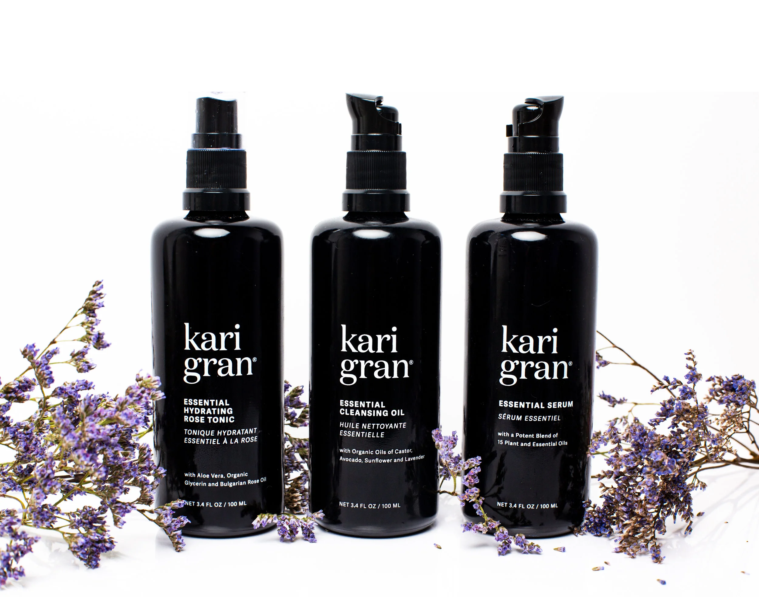 L to R: Essential Hydrating Rose Tonic, Essential Cleansing Oil, Essential Serum; $228 for set of 100mL bottles