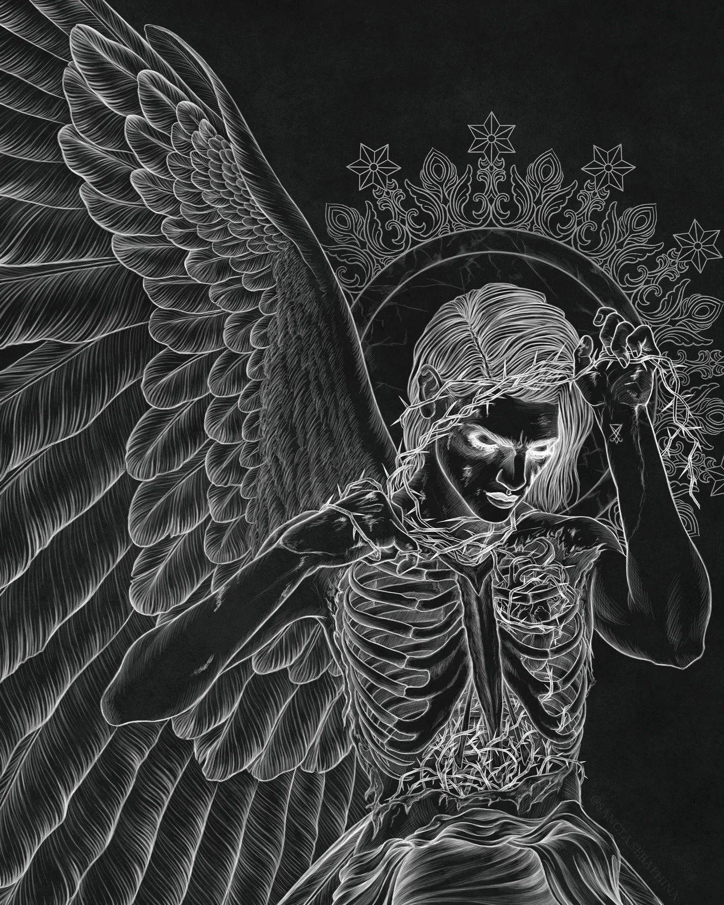 ULTRANGELTOBER 2023 - Day 18: Thorns

He has a gut full of rotten holiness 💔 

In other news, I gave him a furcula (a set of fused clavicles, in addition to his normal clavicles) and a little bit of an avian sternal keel (but not drastic, so an ange