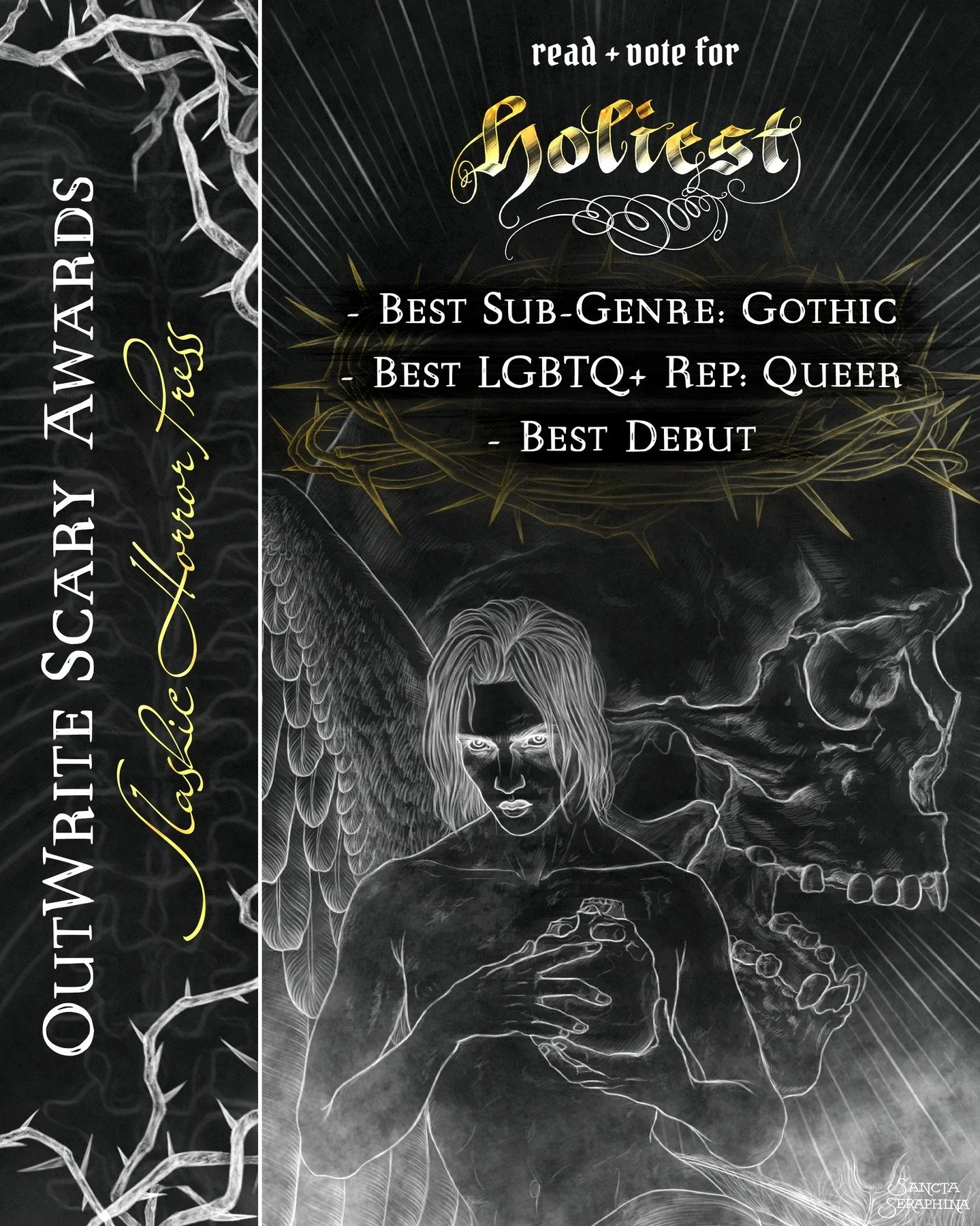 Hello, friends. I am honored to be included in the nominations for the OutWrite Scary Awards hosted by Slashic Horror Press, which are awards specific for LGBTQ+ indie horror authors! 

Voting opens today and HOLIEST is nominated in three categories: