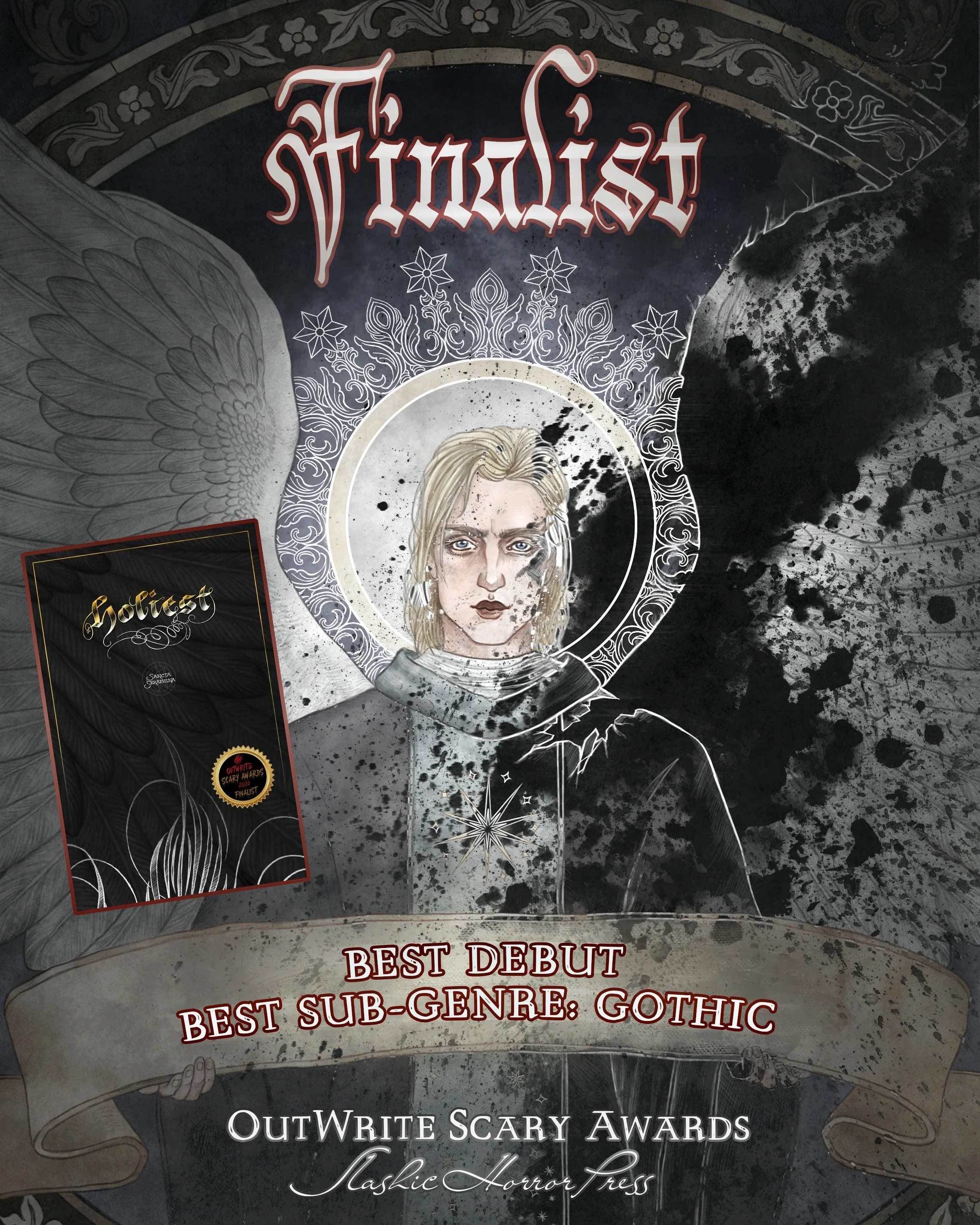 I'm very excited (and rather stunned) to learn that HOLIEST is a finalist in two (!) categories for the OutWrite Scary Awards: Best Debut and Best Sub-Genre: Gothic 🖤

Swipe for a second slide with the cover &amp; its two finalist stickers&mdash;sin