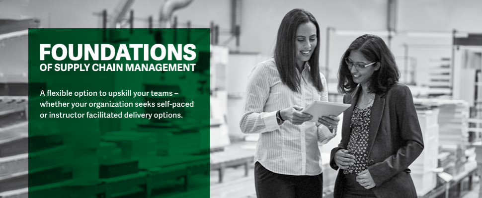 Foundations of supply chain management graphic Two women look at a tablet