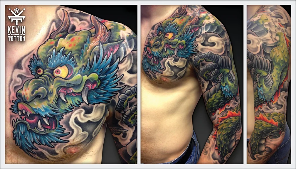 Another big bold beast of a dragon. Chest and 3/4 sleeve design. Enjoyed the colour and range of texture in this piece.