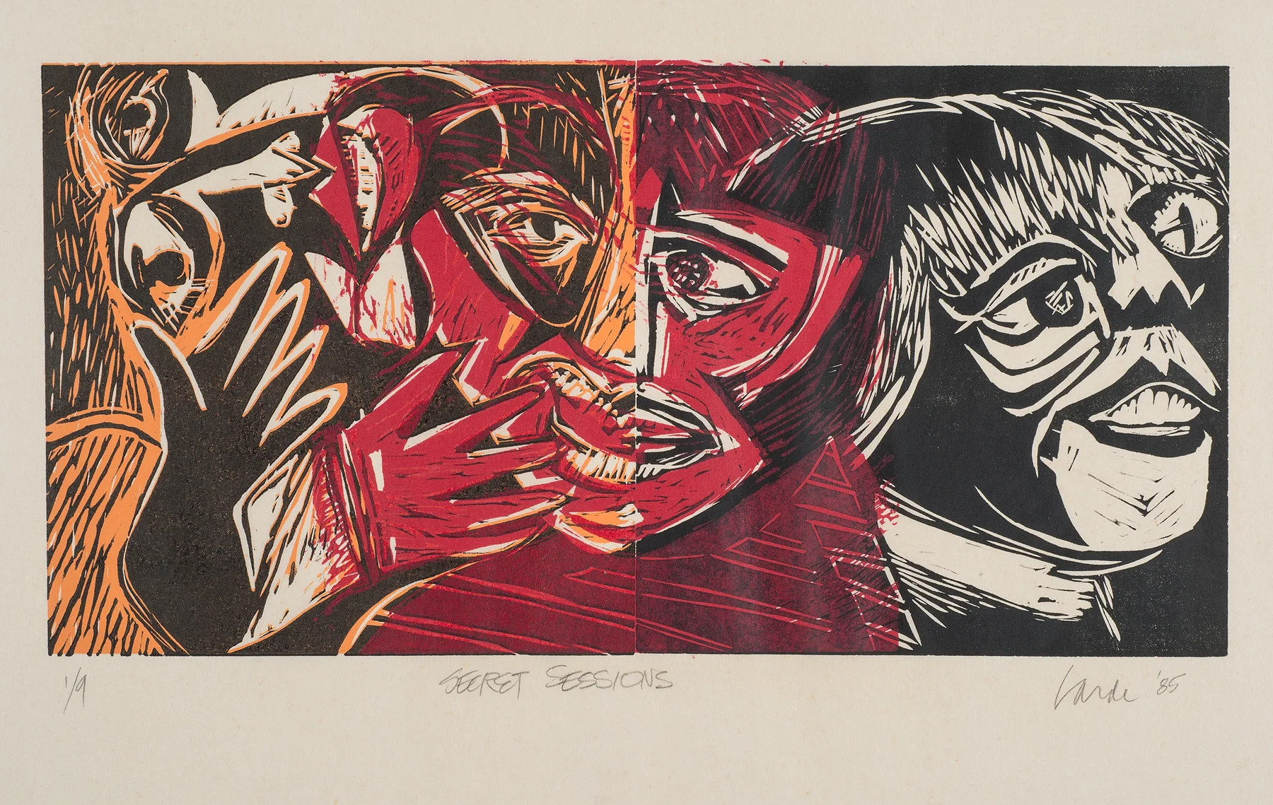 Secret Sessions , 1985. Linocut on paper, 19 x 26.5 in. (48.3 x 67.3cm.)