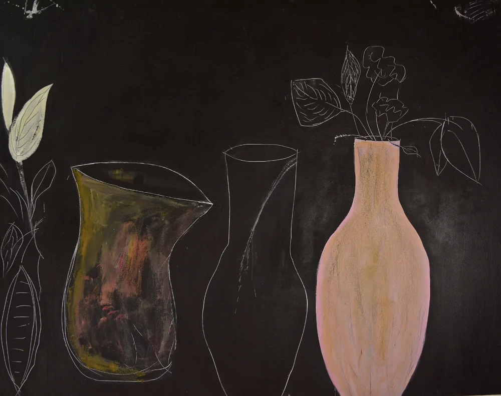 Still Life with Vessel, 2014. Acrylic on canvas, 44 x 56 in. (111 x 142 cm.)