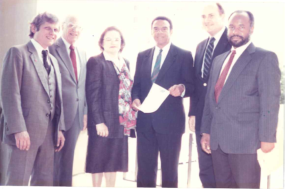 Standing left to right: Laszlo Pallos, GA State; Harry Wadsworth, GA Tech; Gladys Reynolds, CDC; Mayor Young; Mike Kutner, Emory; Tom Jenkins, CDC.